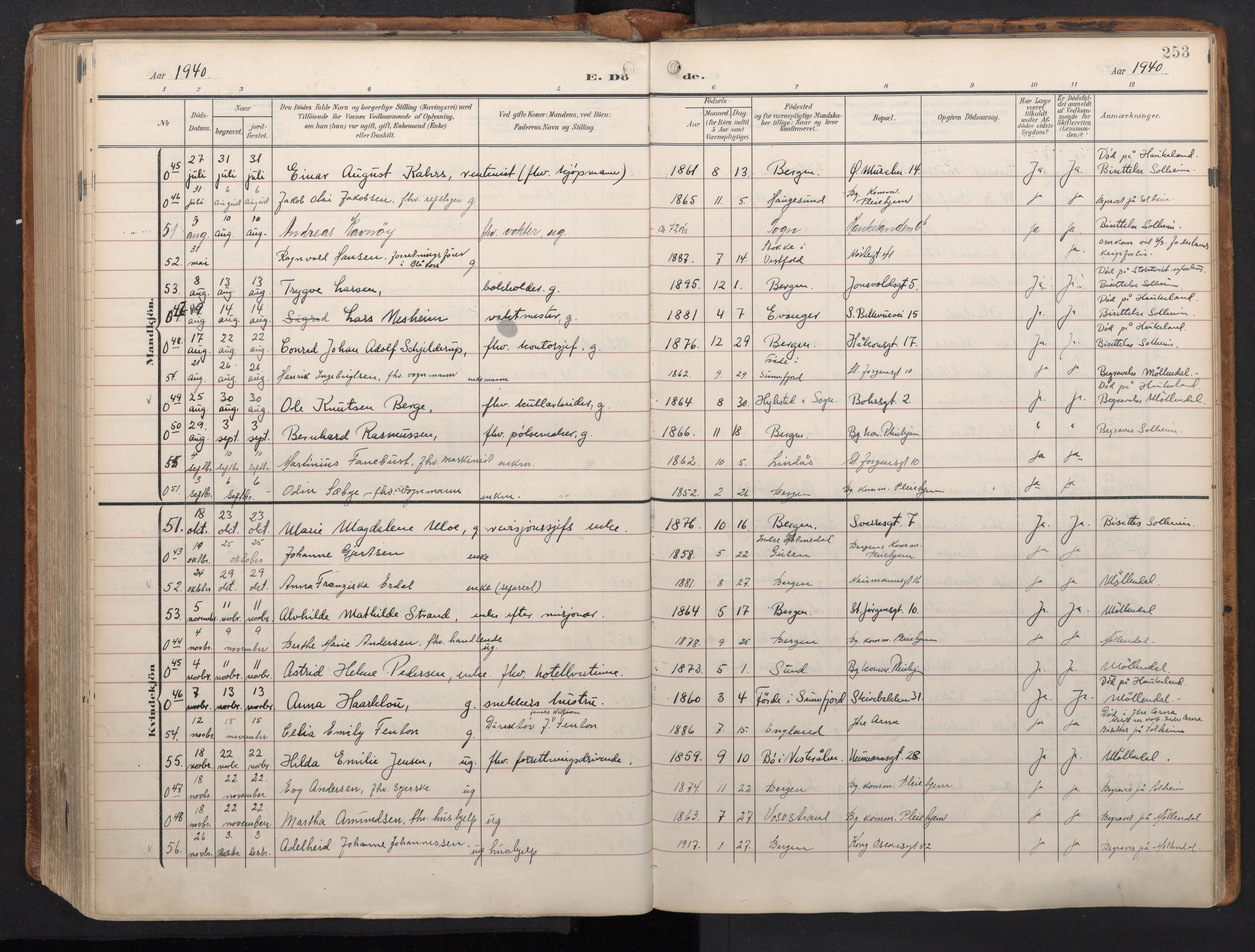 Domkirken sokneprestembete, AV/SAB-A-74801/H/Haa/L0044: Parish register (official) no. E 6, 1904-1946, p. 252b-253a