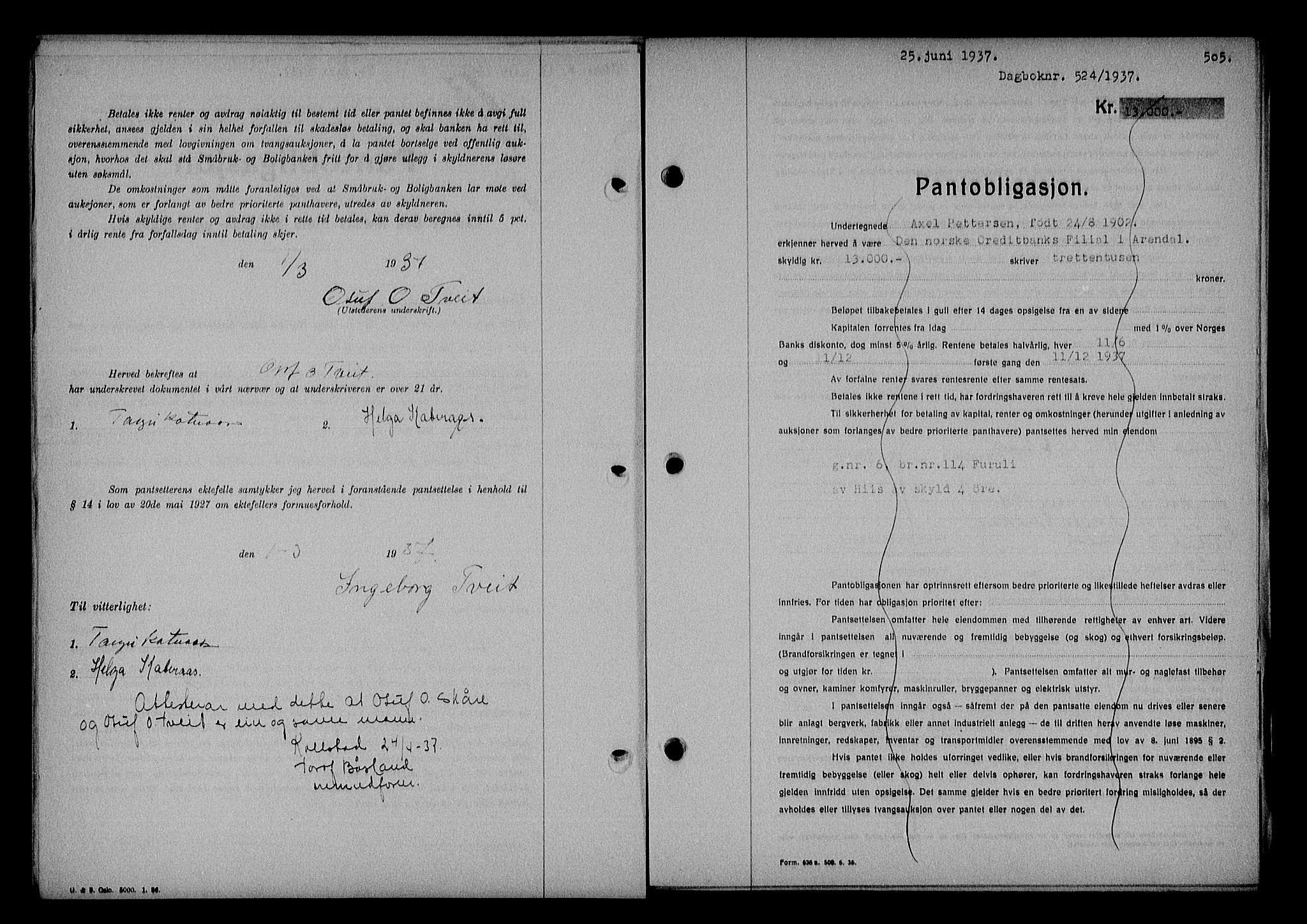Nedenes sorenskriveri, SAK/1221-0006/G/Gb/Gba/L0043: Mortgage book no. 39, 1936-1937, Diary no: : 524/1937