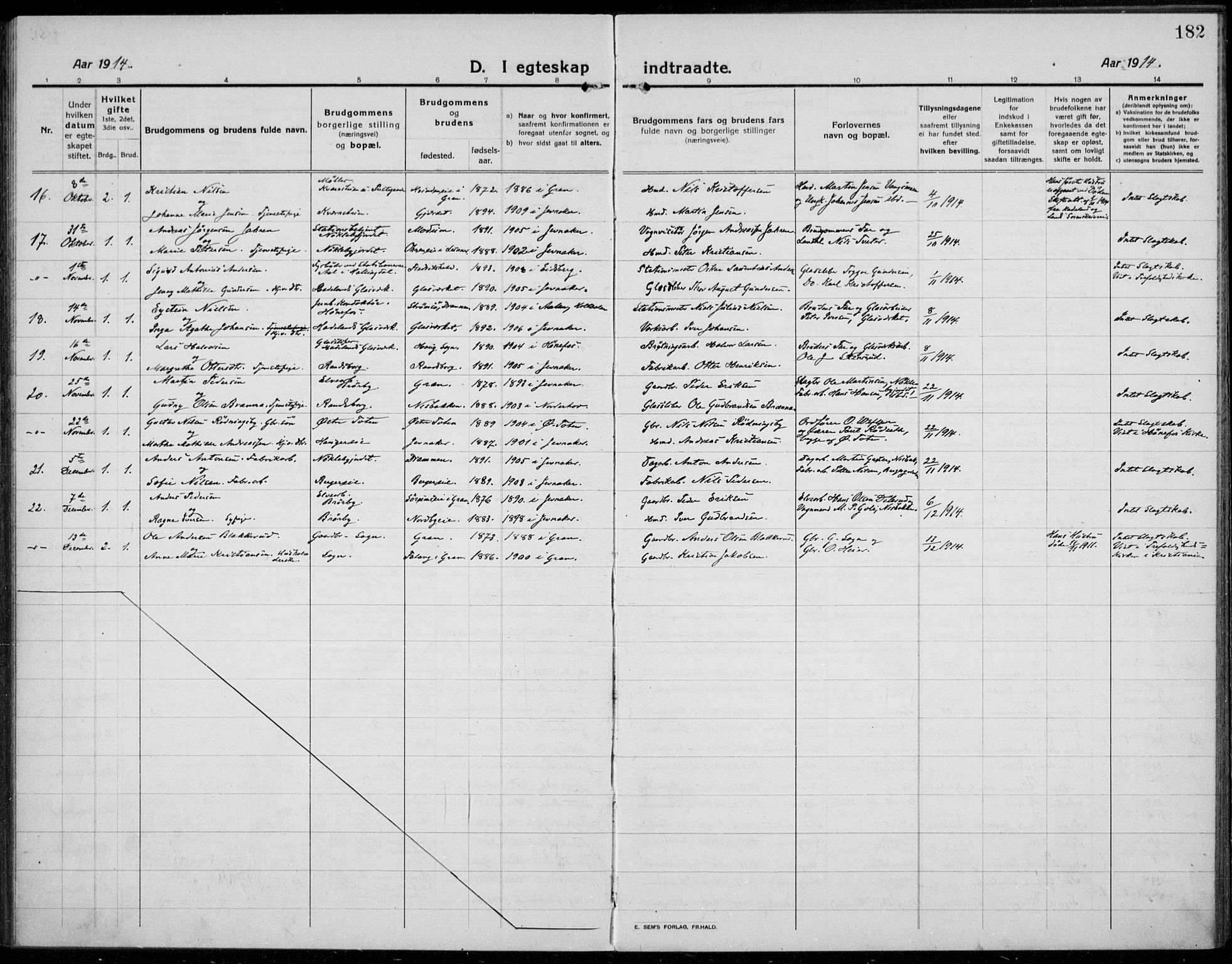 Jevnaker prestekontor, SAH/PREST-116/H/Ha/Haa/L0012: Parish register (official) no. 12, 1914-1924, p. 182