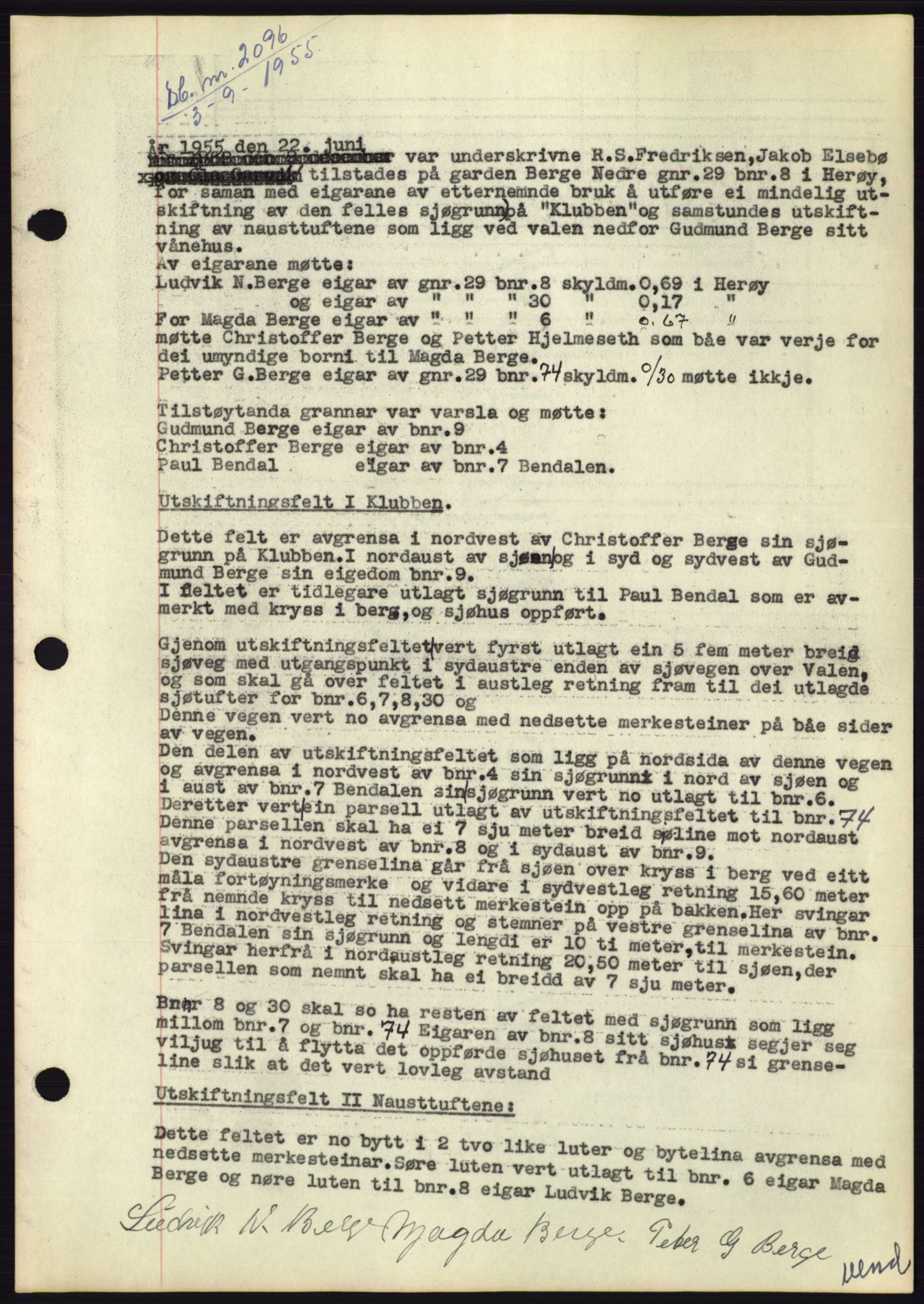 Søre Sunnmøre sorenskriveri, AV/SAT-A-4122/1/2/2C/L0101: Mortgage book no. 27A, 1955-1955, Diary no: : 2096/1955