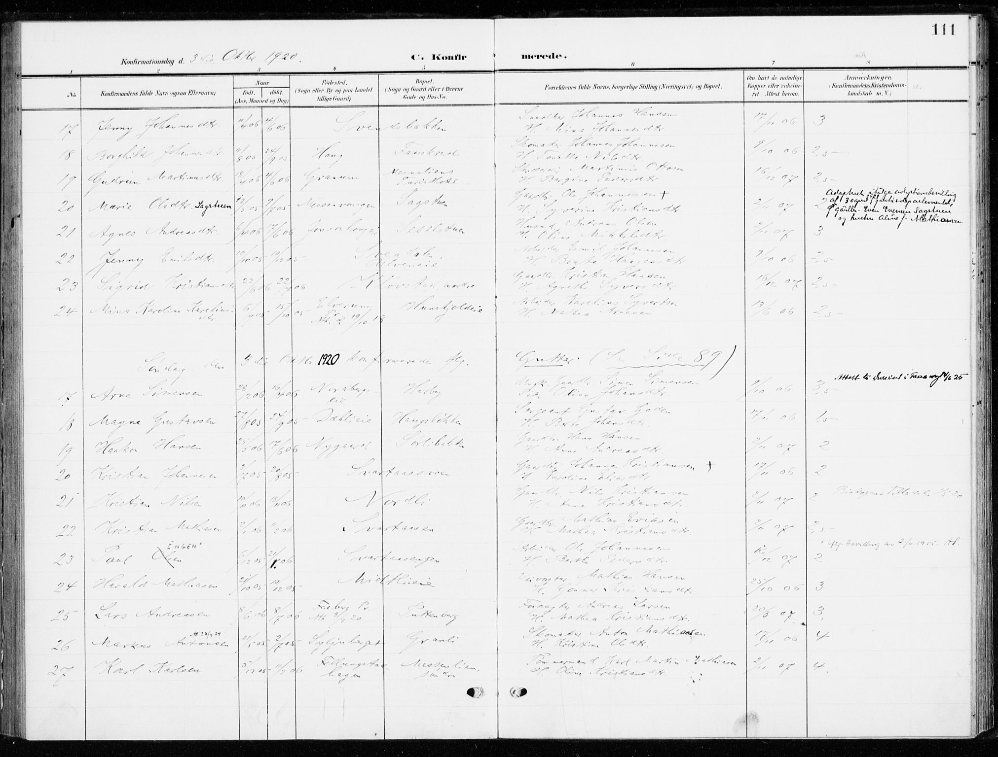 Ringsaker prestekontor, AV/SAH-PREST-014/K/Ka/L0021: Parish register (official) no. 21, 1905-1920, p. 111