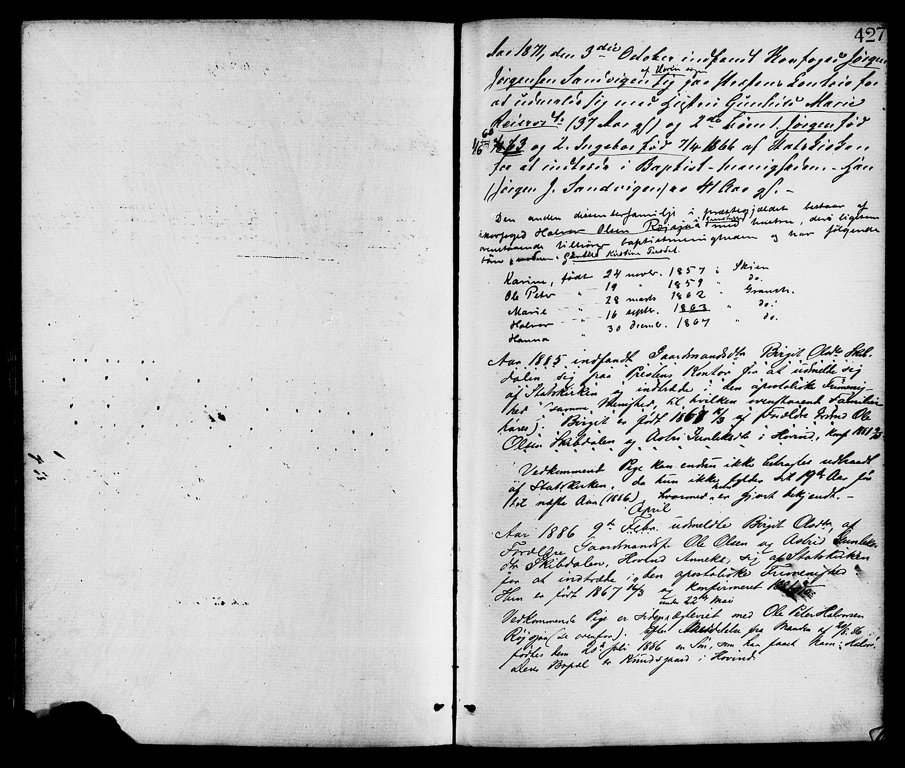 Gransherad kirkebøker, AV/SAKO-A-267/F/Fa/L0004: Parish register (official) no. I 4, 1871-1886, p. 427