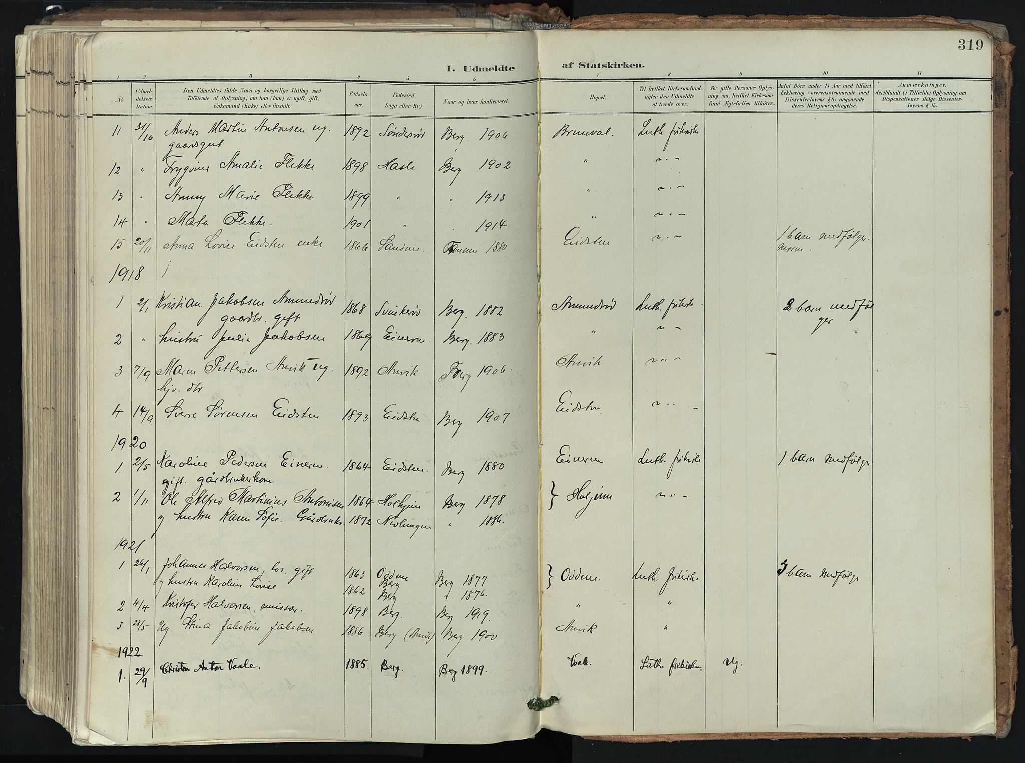 Brunlanes kirkebøker, SAKO/A-342/F/Fb/L0003: Parish register (official) no. II 3, 1900-1922, p. 319