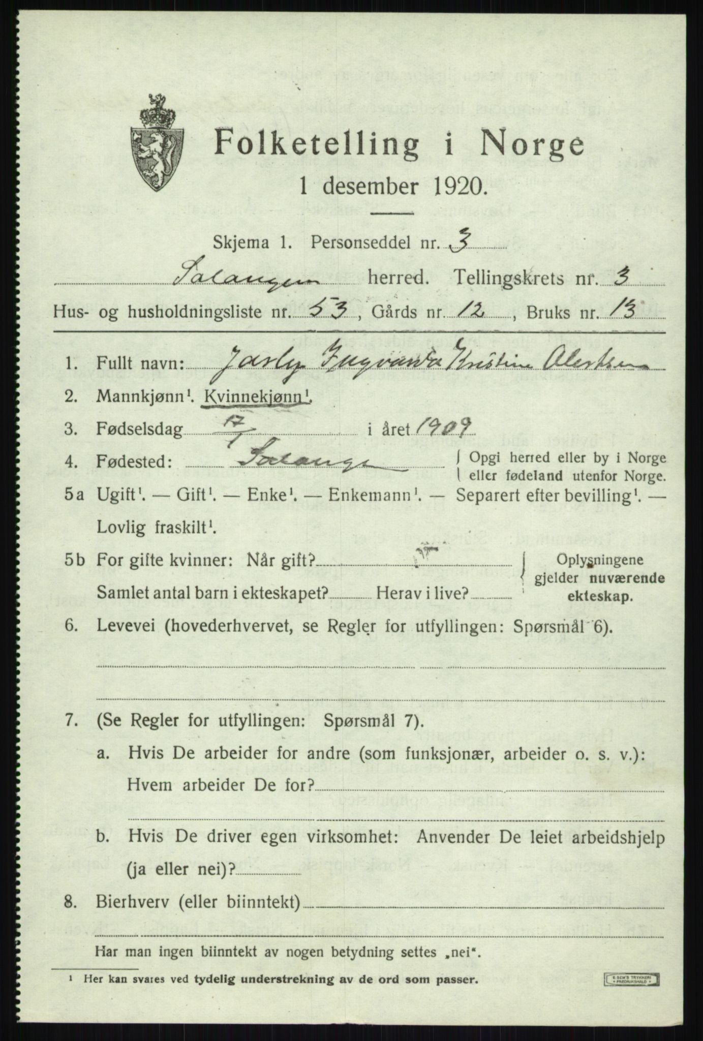 SATØ, 1920 census for Salangen, 1920, p. 2272