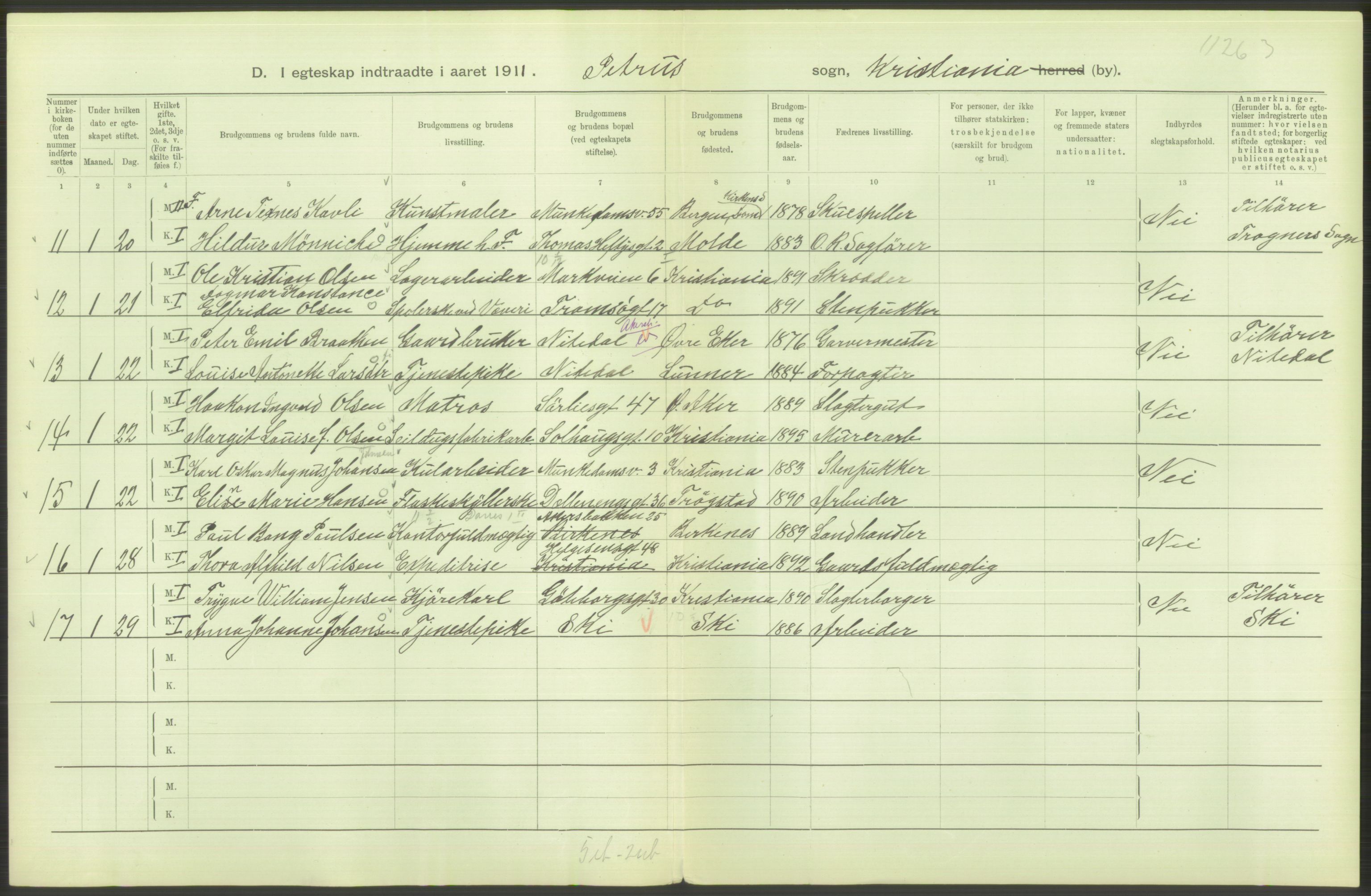 Statistisk sentralbyrå, Sosiodemografiske emner, Befolkning, AV/RA-S-2228/D/Df/Dfb/Dfba/L0008: Kristiania: Gifte, 1911, p. 4