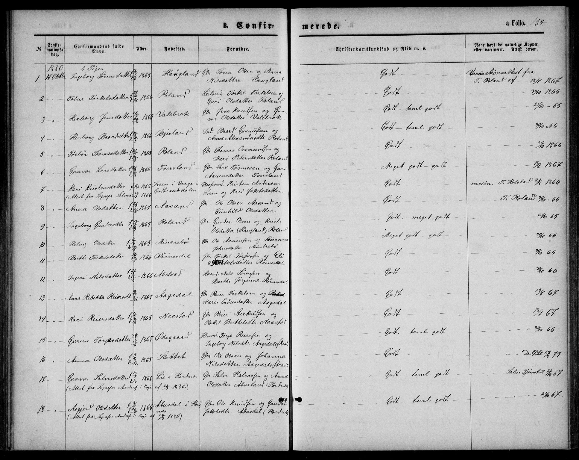 Bjelland sokneprestkontor, AV/SAK-1111-0005/F/Fb/Fba/L0004: Parish register (copy) no. B 4, 1869-1886, p. 154