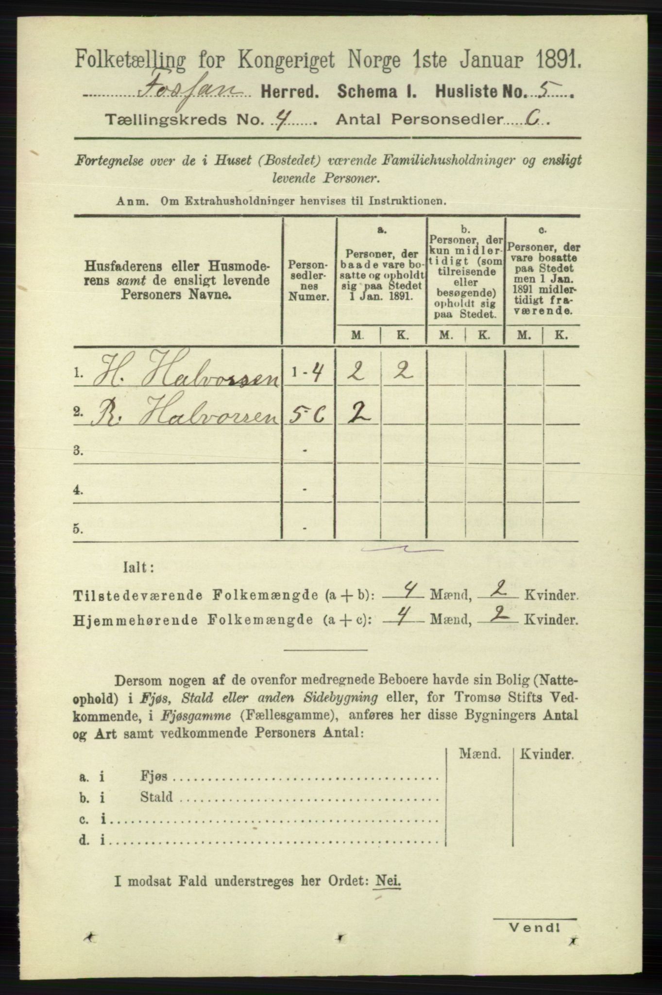 RA, 1891 census for 1129 Forsand, 1891, p. 500