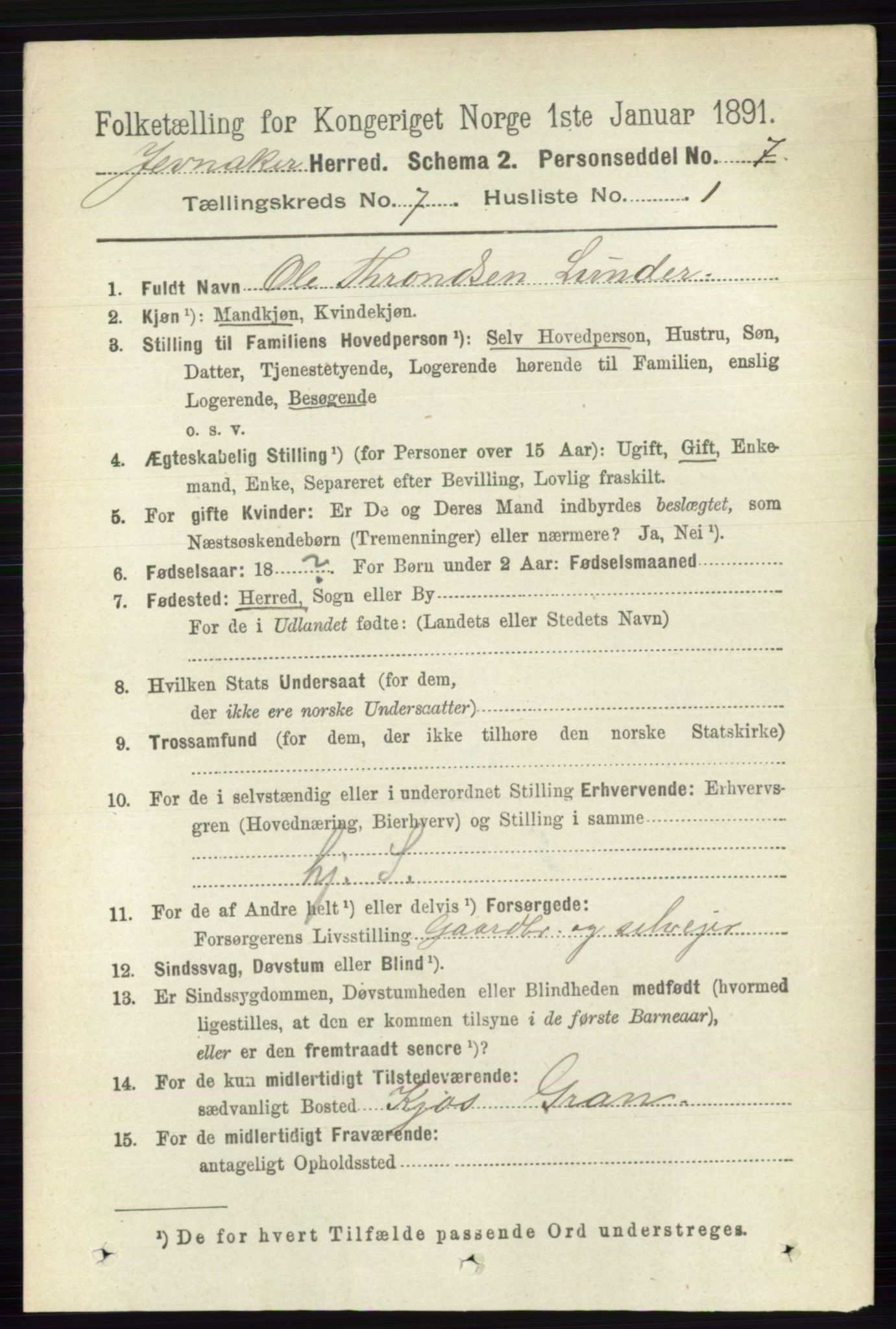 RA, 1891 census for 0532 Jevnaker, 1891, p. 3741