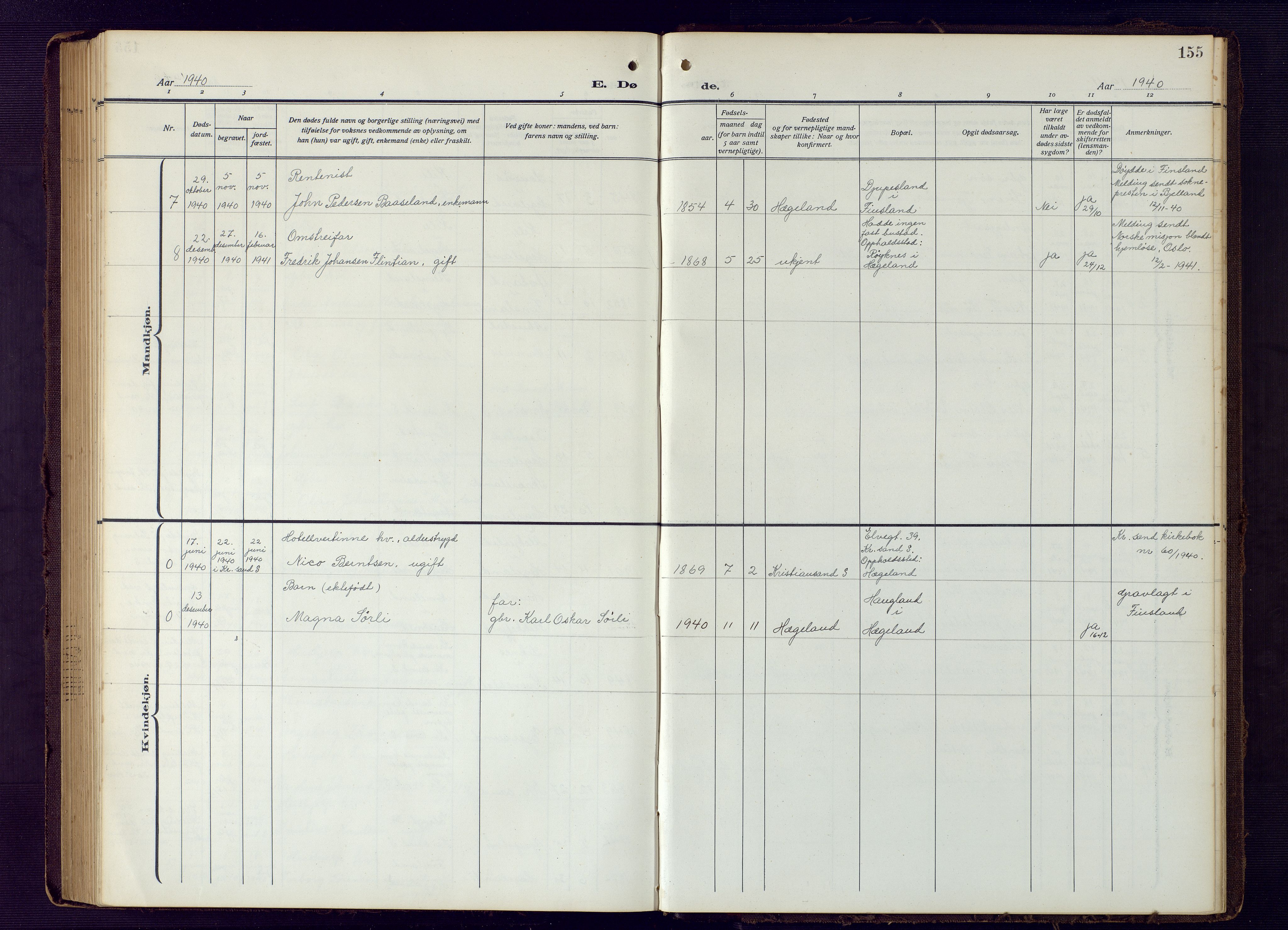 Vennesla sokneprestkontor, SAK/1111-0045/Fb/Fba/L0004: Parish register (copy) no. B 4, 1917-1948, p. 155