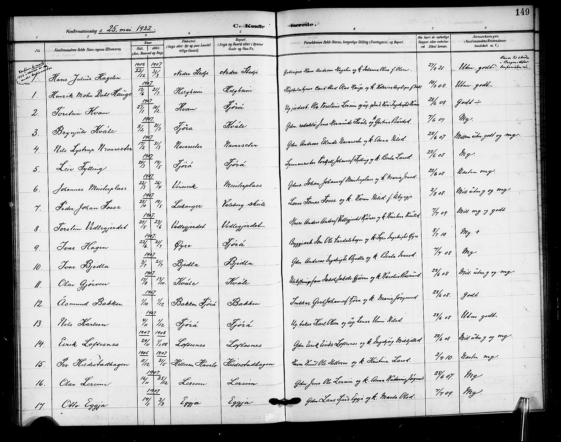 Sogndal sokneprestembete, SAB/A-81301/H/Hab/Haba/L0002: Parish register (copy) no. A 2, 1908-1924, p. 149