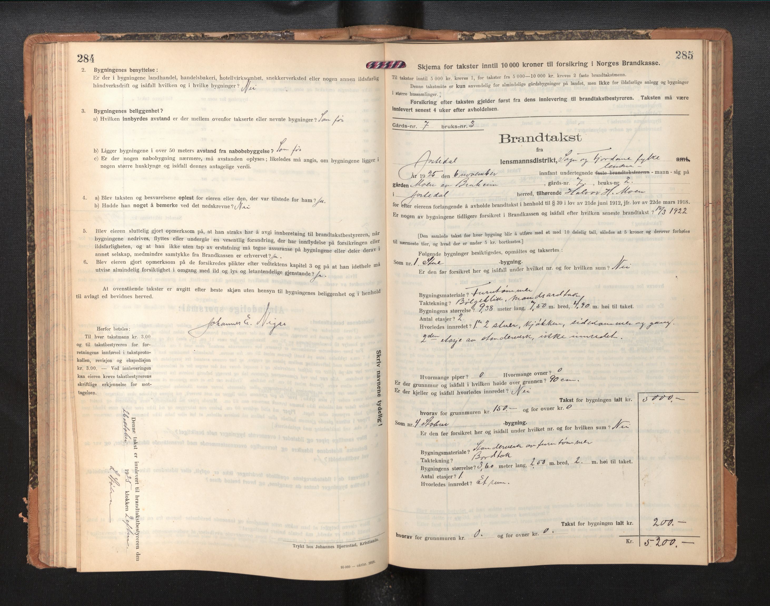 Lensmannen i Jostedal, SAB/A-28601/0012/L0005: Branntakstprotokoll, skjematakst, 1921-1935, p. 284-285