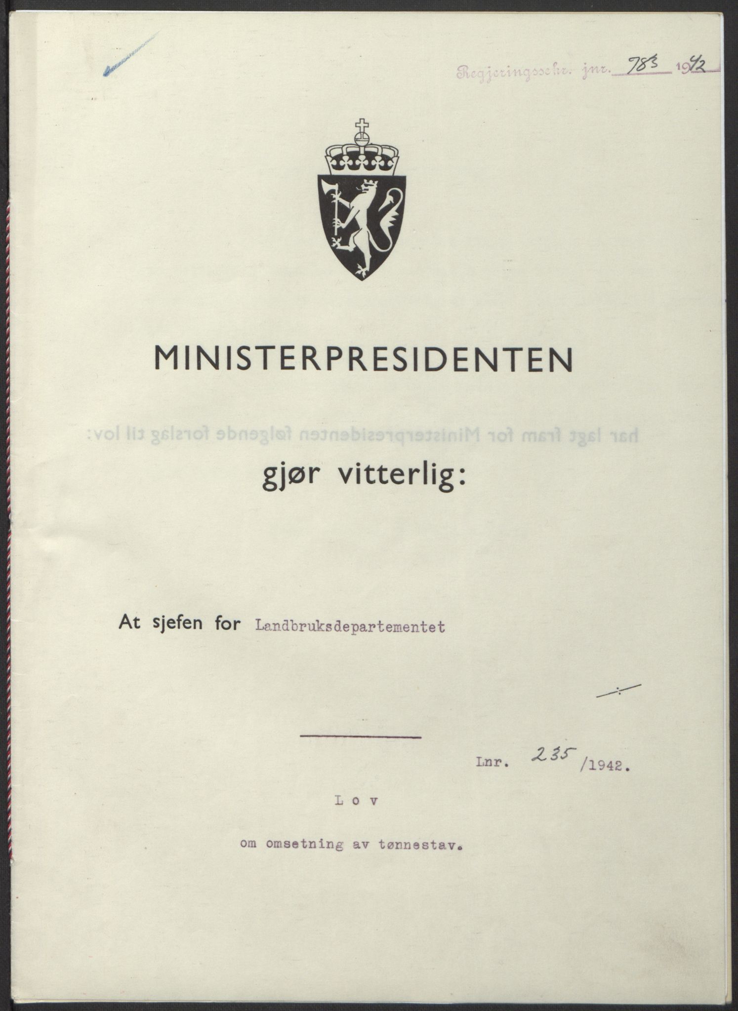 NS-administrasjonen 1940-1945 (Statsrådsekretariatet, de kommisariske statsråder mm), RA/S-4279/D/Db/L0098: Lover II, 1942, p. 585