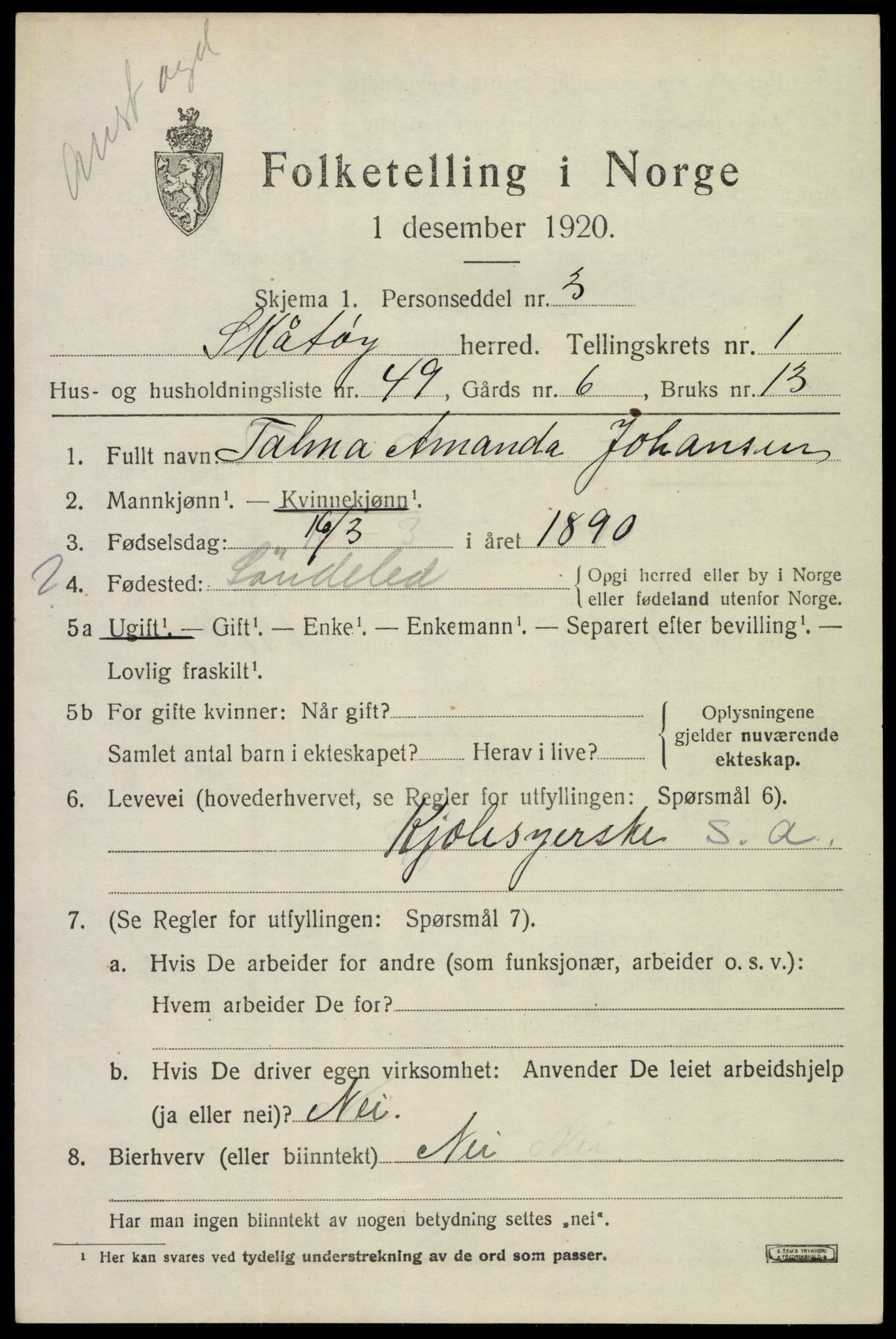 SAKO, 1920 census for Skåtøy, 1920, p. 2206