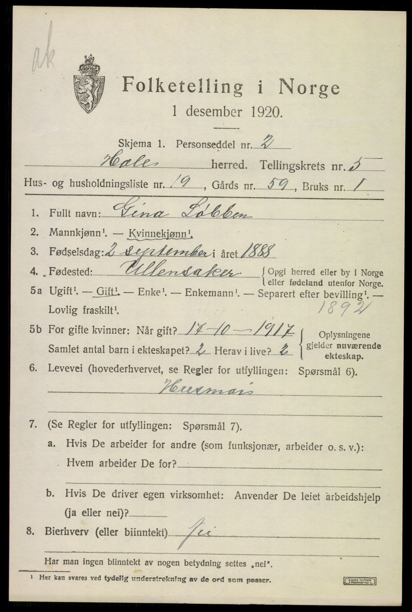 SAKO, 1920 census for Hole, 1920, p. 3531