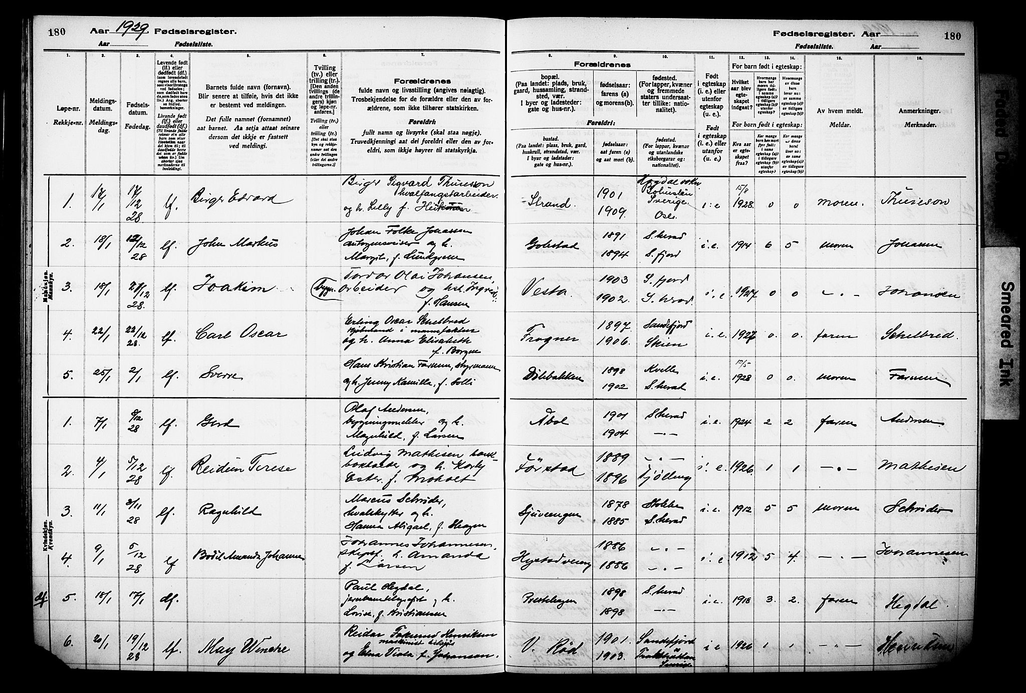 Sandar kirkebøker, SAKO/A-243/J/Ja/L0002: Birth register no. 2, 1922-1929, p. 180