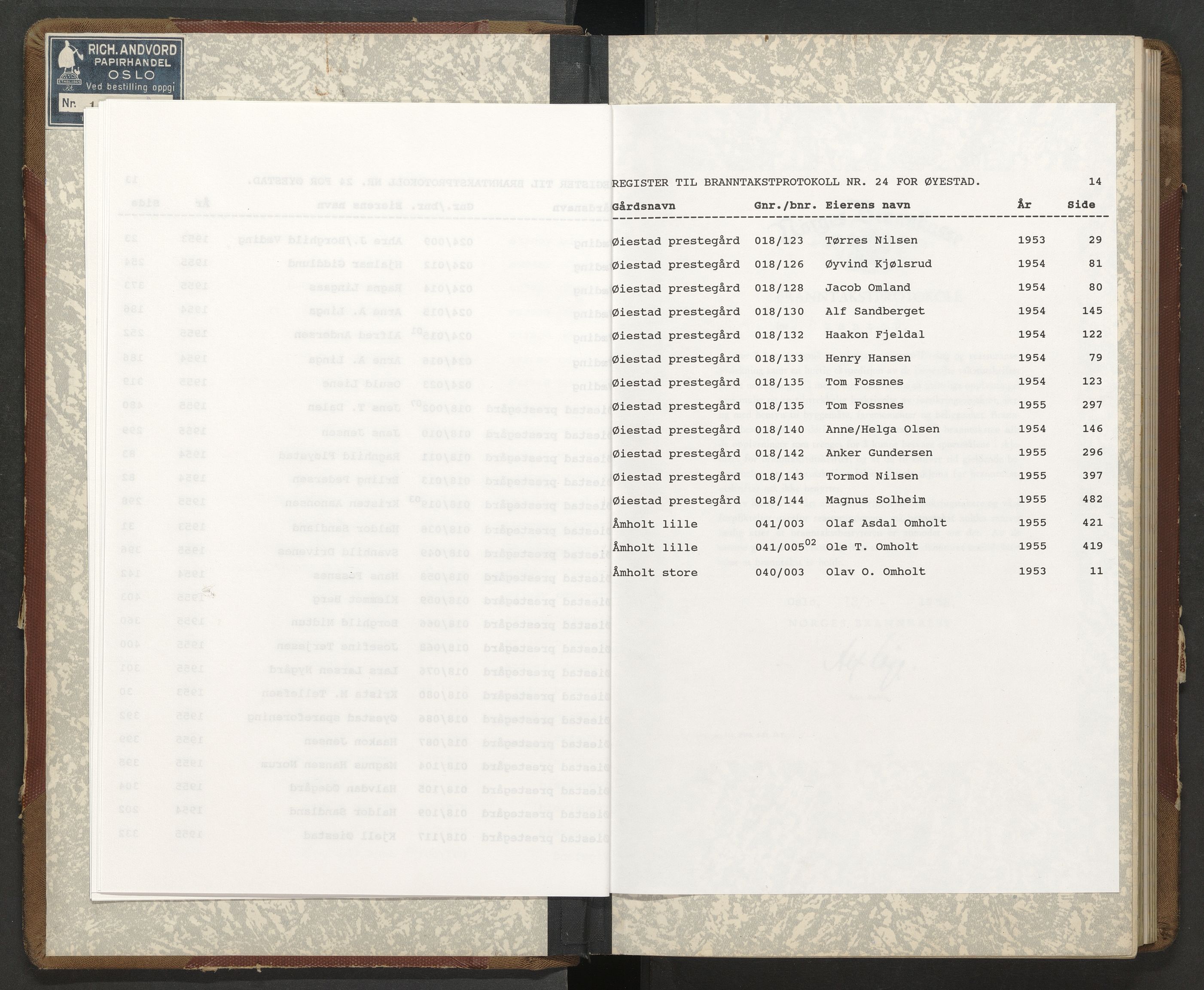 Norges Brannkasse Øyestad, AV/SAK-2241-0059/F/Fa/L0024: Branntakstprotokoll nr. 24 med gårdsnavnregister, 1953-1955