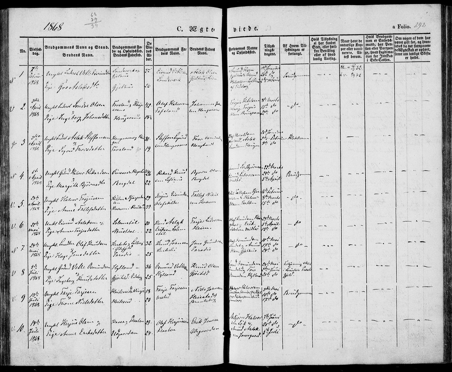 Vinje kirkebøker, SAKO/A-312/F/Fa/L0004: Parish register (official) no. I 4, 1843-1869, p. 292