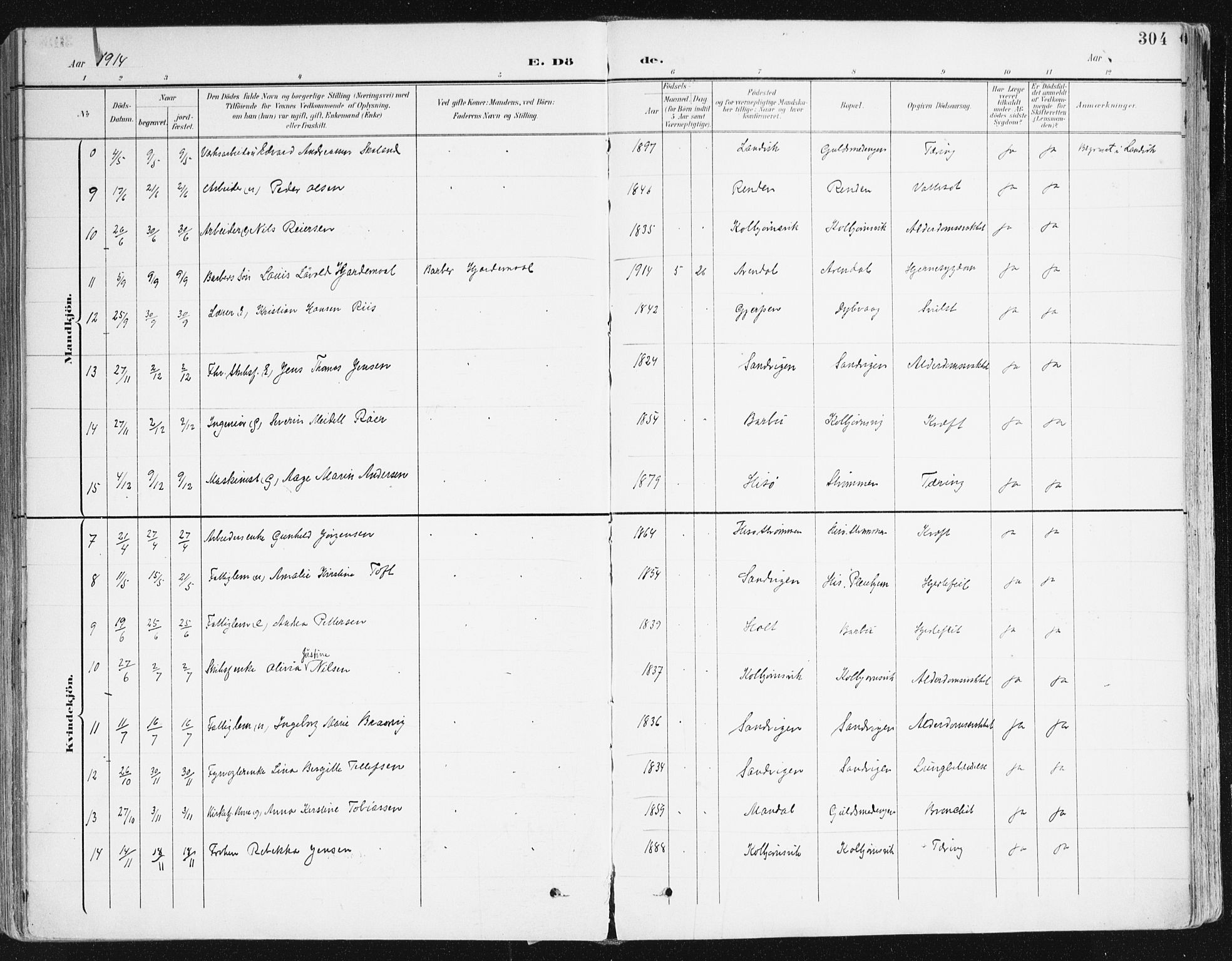 Hisøy sokneprestkontor, AV/SAK-1111-0020/F/Fa/L0004: Parish register (official) no. A 4, 1895-1917, p. 304