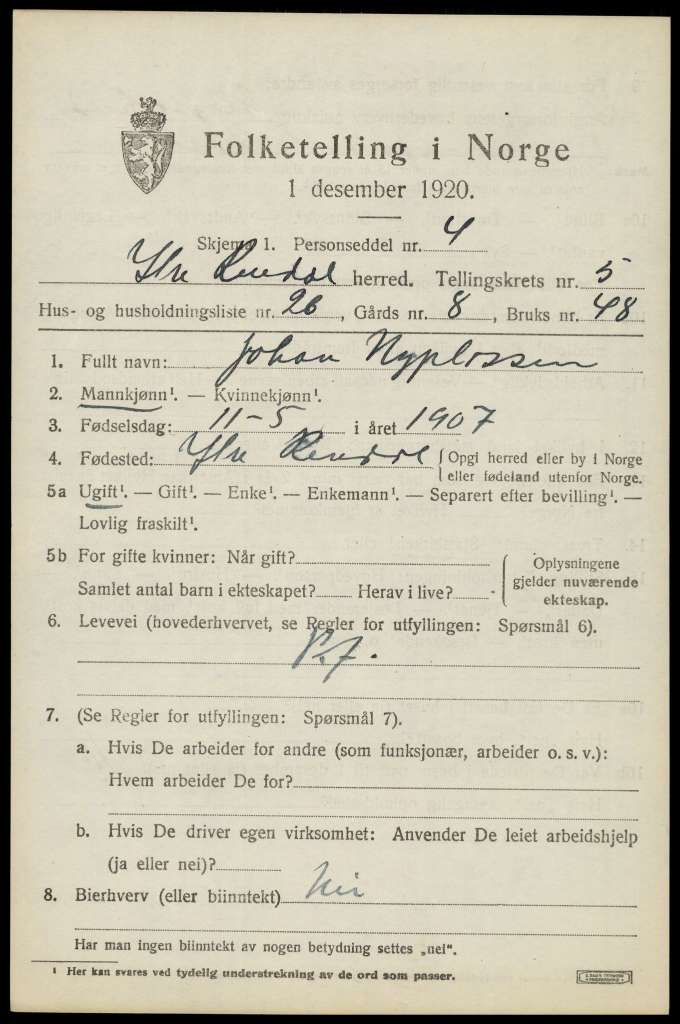 SAH, 1920 census for Ytre Rendal, 1920, p. 2943
