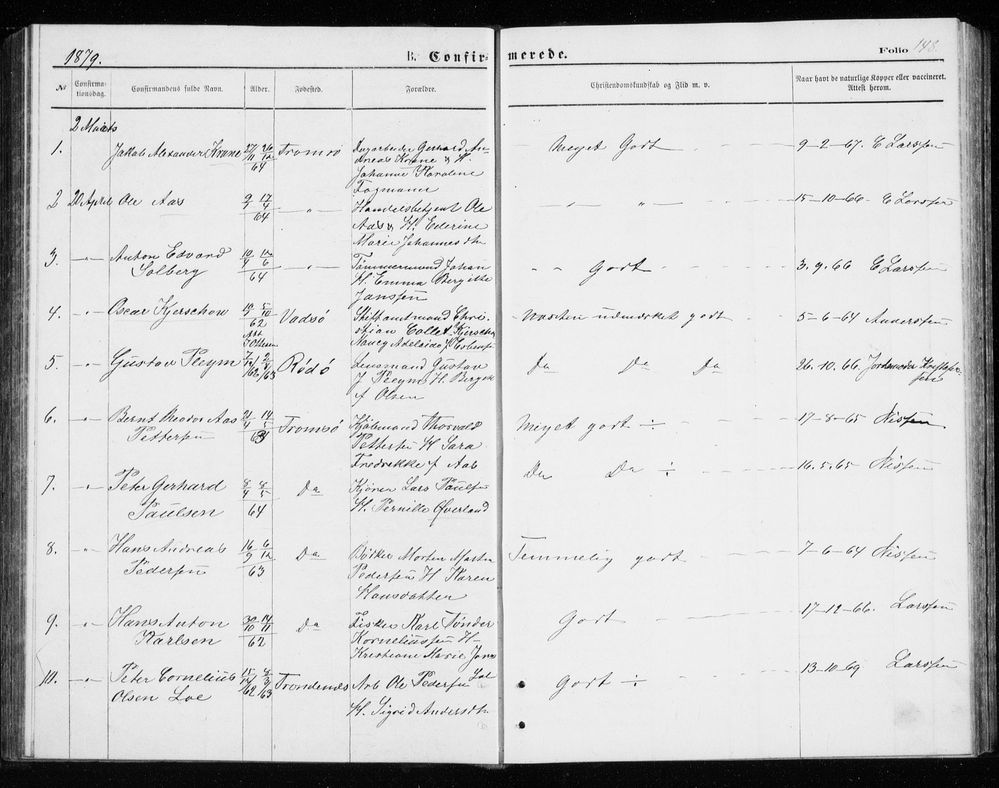 Tromsø sokneprestkontor/stiftsprosti/domprosti, SATØ/S-1343/G/Gb/L0008klokker: Parish register (copy) no. 8, 1875-1879, p. 148