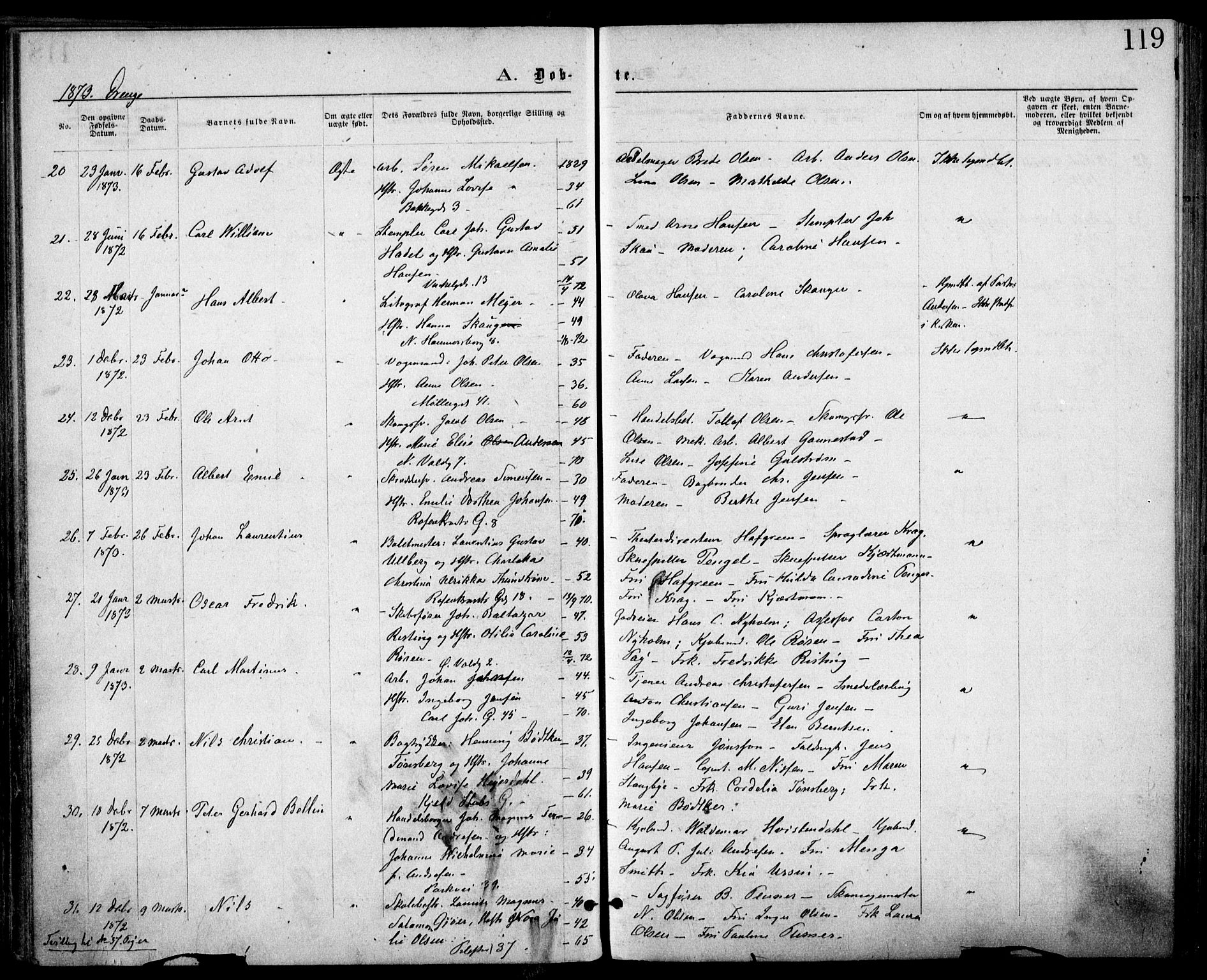 Trefoldighet prestekontor Kirkebøker, AV/SAO-A-10882/F/Fa/L0003: Parish register (official) no. I 3, 1870-1876, p. 119