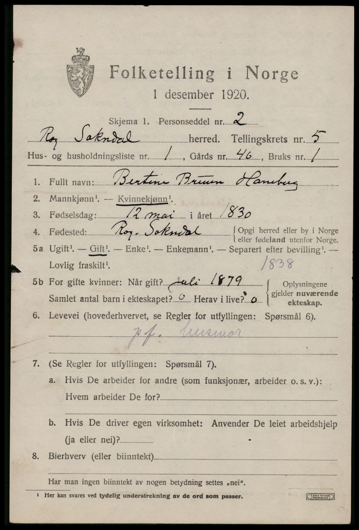 SAST, 1920 census for Sokndal, 1920, p. 3245