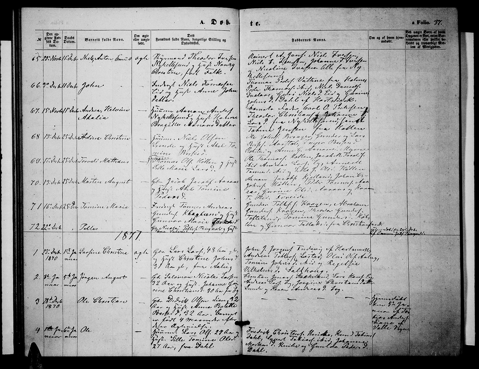 Søgne sokneprestkontor, SAK/1111-0037/F/Fb/Fbb/L0004: Parish register (copy) no. B 4, 1864-1883, p. 37