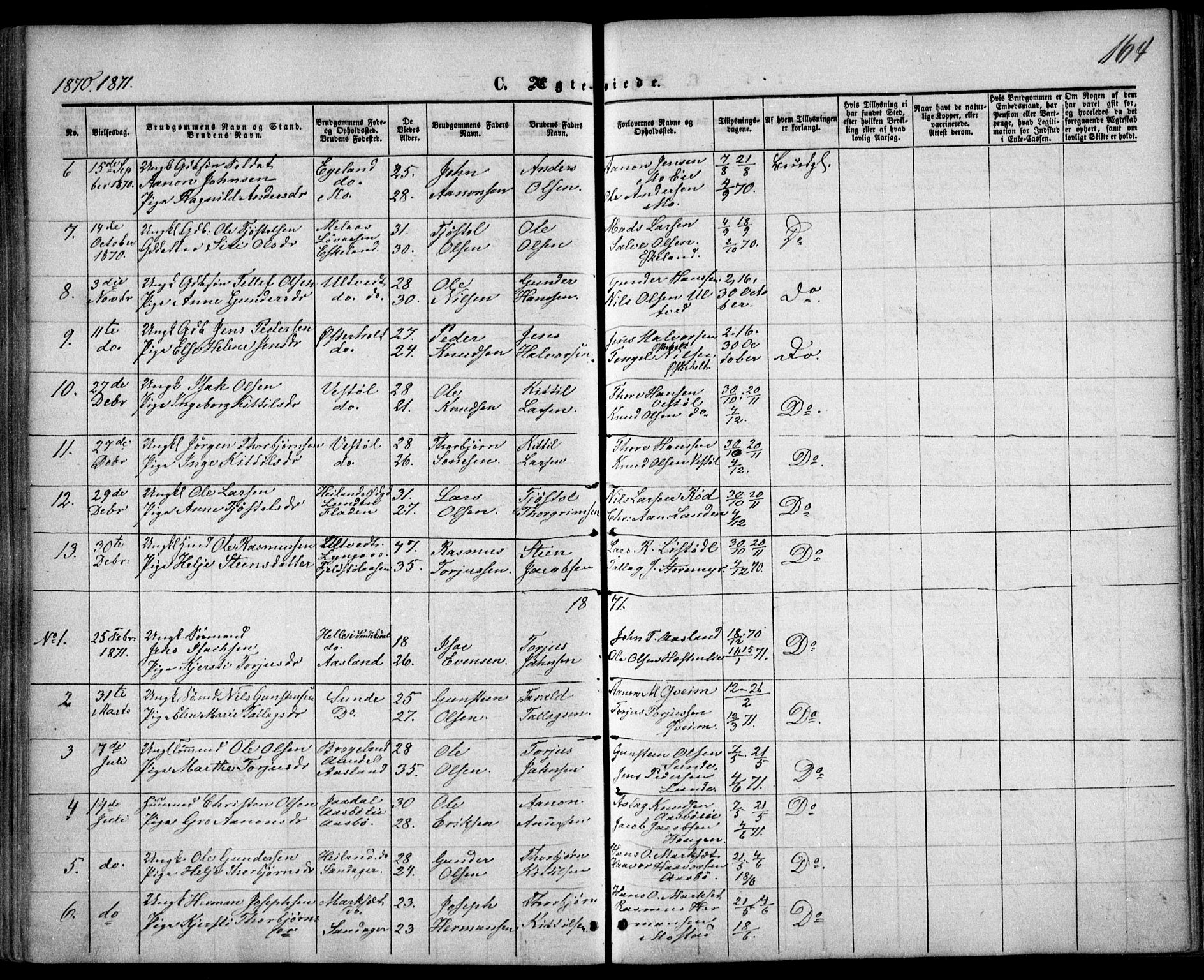 Gjerstad sokneprestkontor, AV/SAK-1111-0014/F/Fa/Faa/L0007: Parish register (official) no. A 7, 1858-1875, p. 164