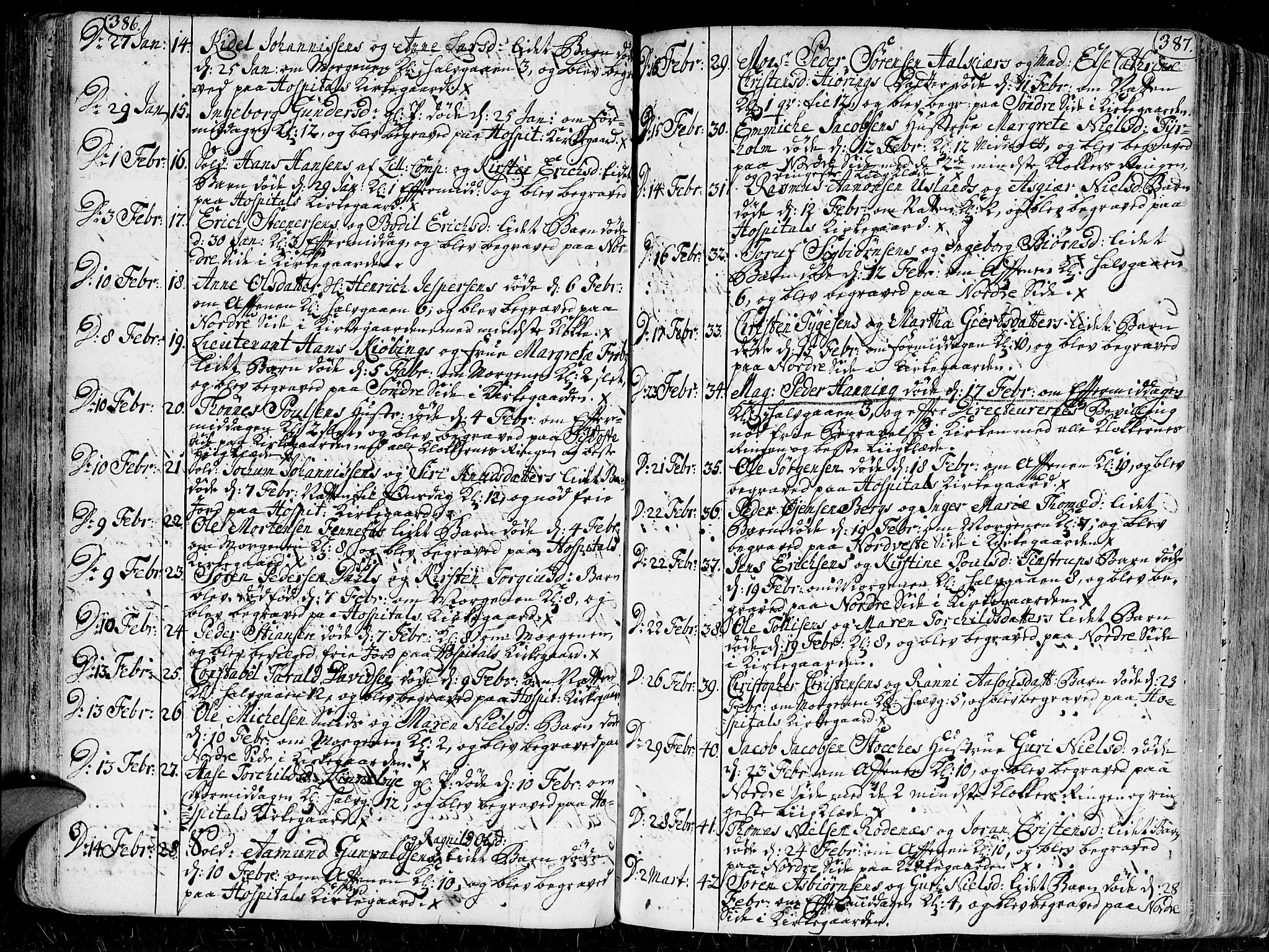 Kristiansand domprosti, SAK/1112-0006/F/Fa/L0001: Parish register (official) no. A 1, 1734-1793, p. 386-387