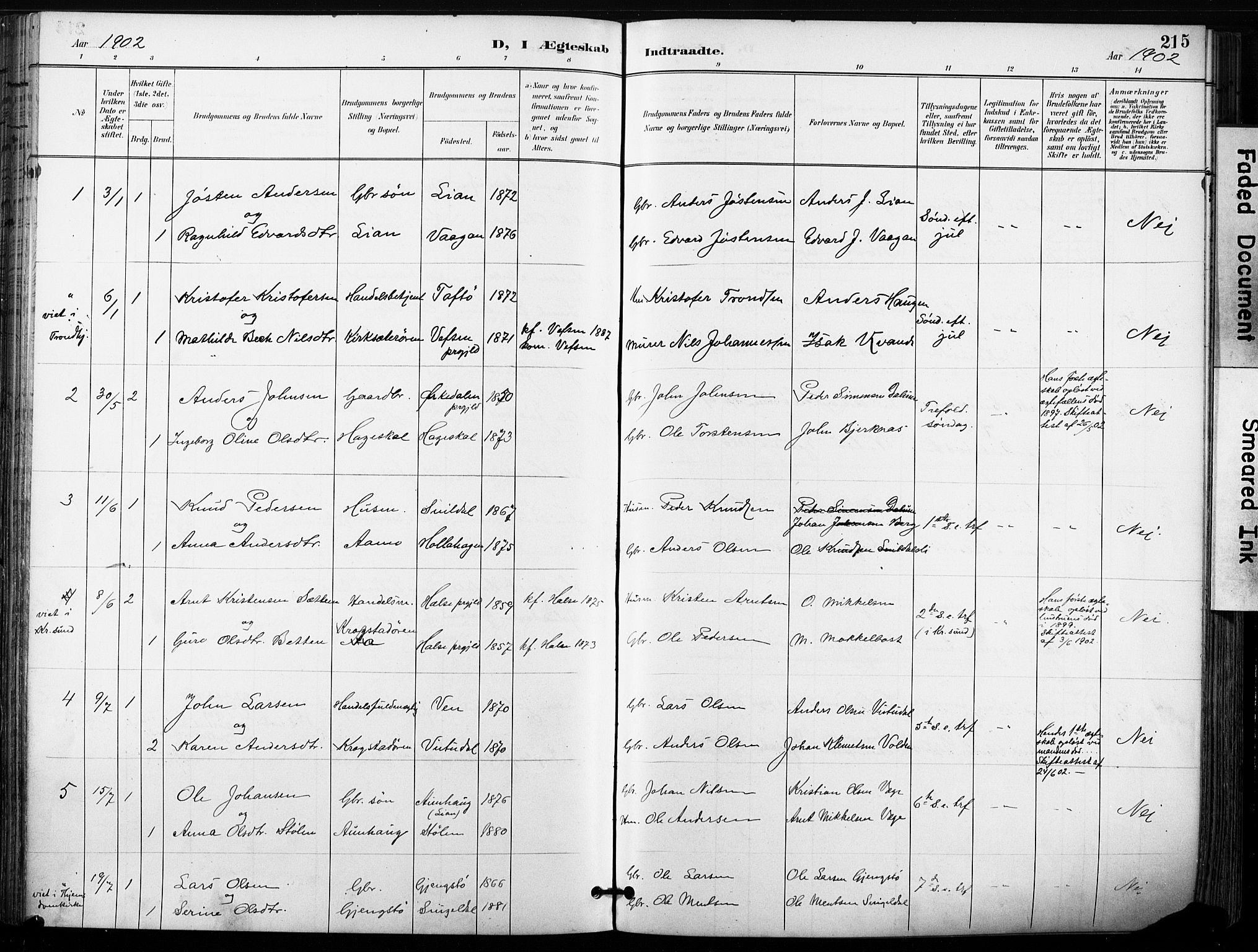 Ministerialprotokoller, klokkerbøker og fødselsregistre - Sør-Trøndelag, SAT/A-1456/630/L0497: Parish register (official) no. 630A10, 1896-1910, p. 215