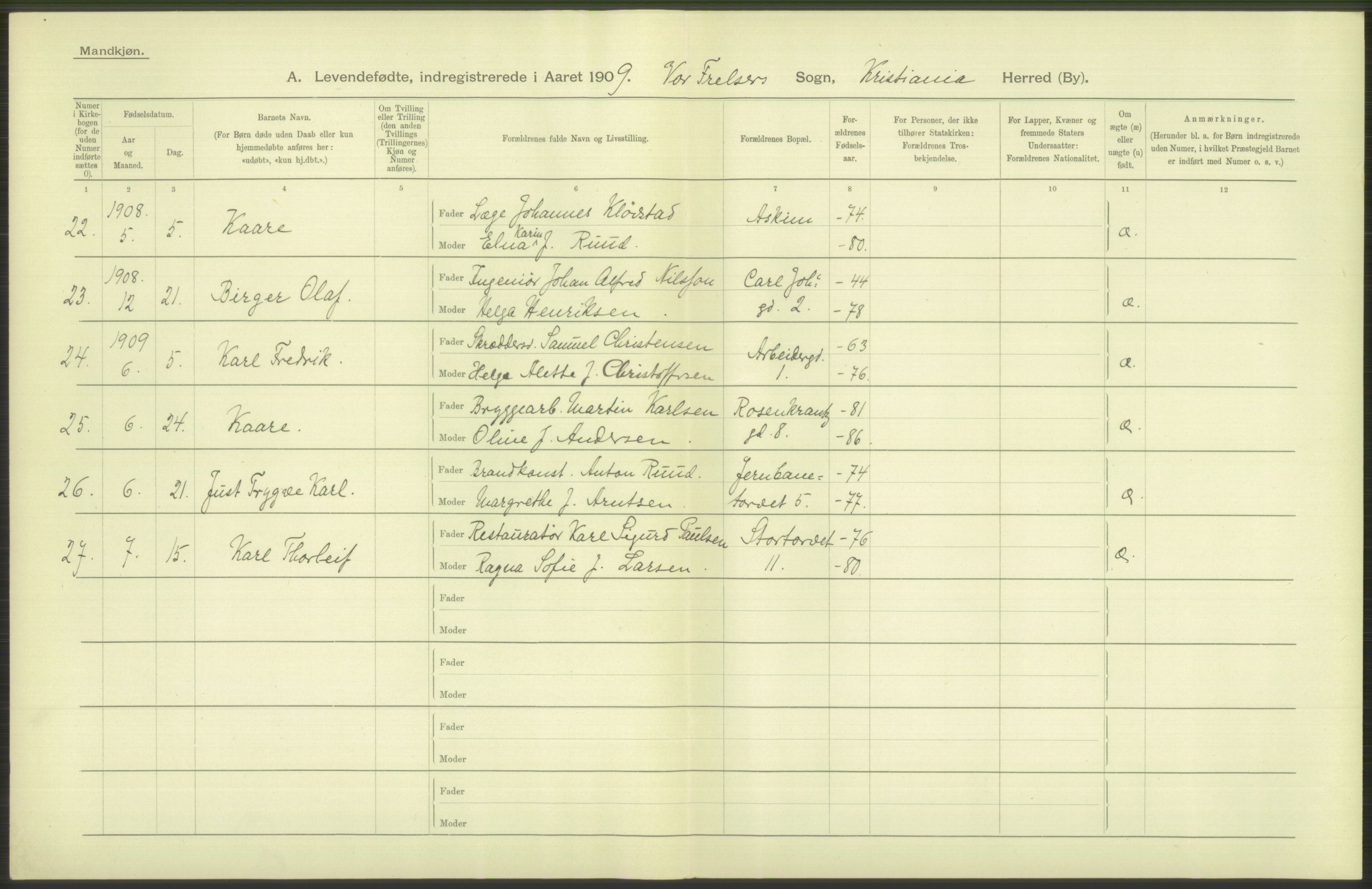 Statistisk sentralbyrå, Sosiodemografiske emner, Befolkning, AV/RA-S-2228/D/Df/Dfa/Dfag/L0007: Kristiania: Levendefødte menn og kvinner., 1909, p. 116