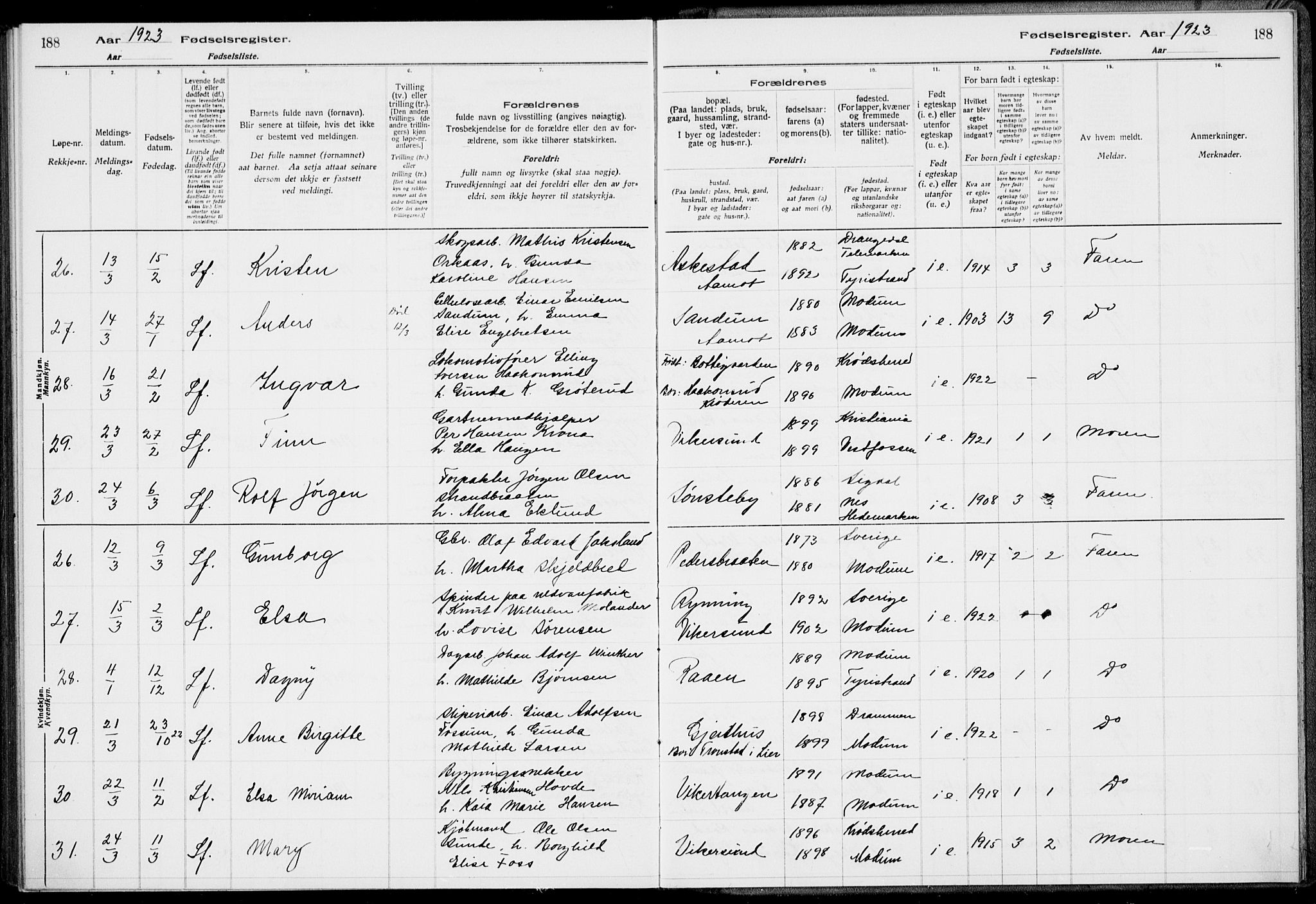 Modum kirkebøker, AV/SAKO-A-234/J/Ja/L0001: Birth register no. I 1, 1916-1923, p. 188