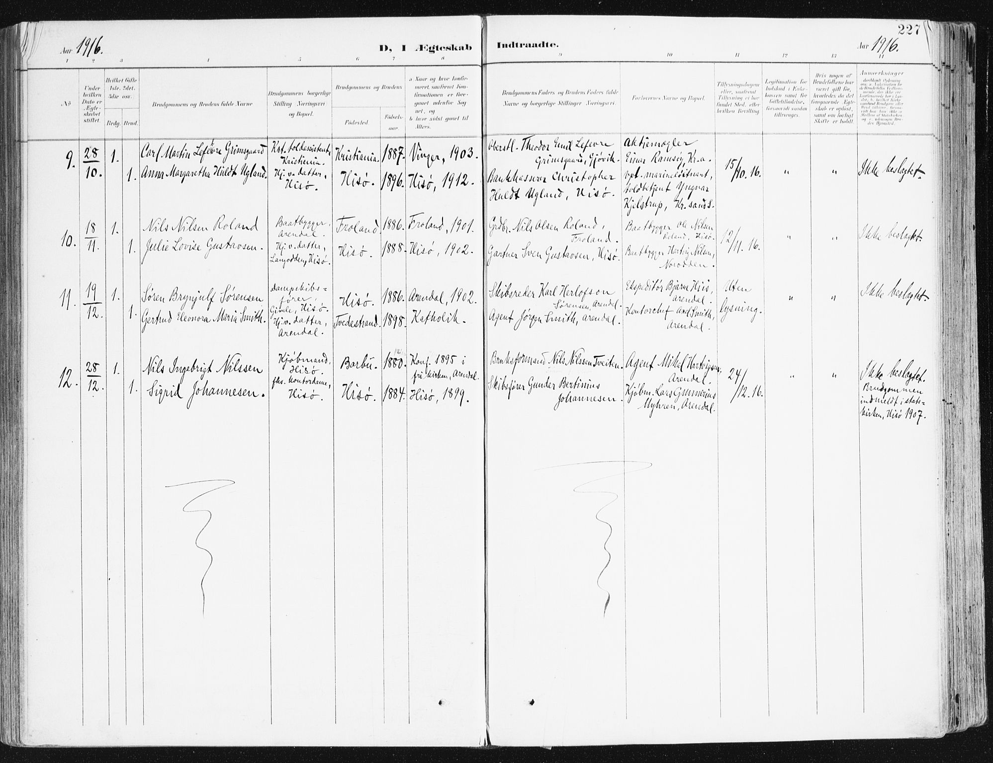 Hisøy sokneprestkontor, AV/SAK-1111-0020/F/Fa/L0004: Parish register (official) no. A 4, 1895-1917, p. 227