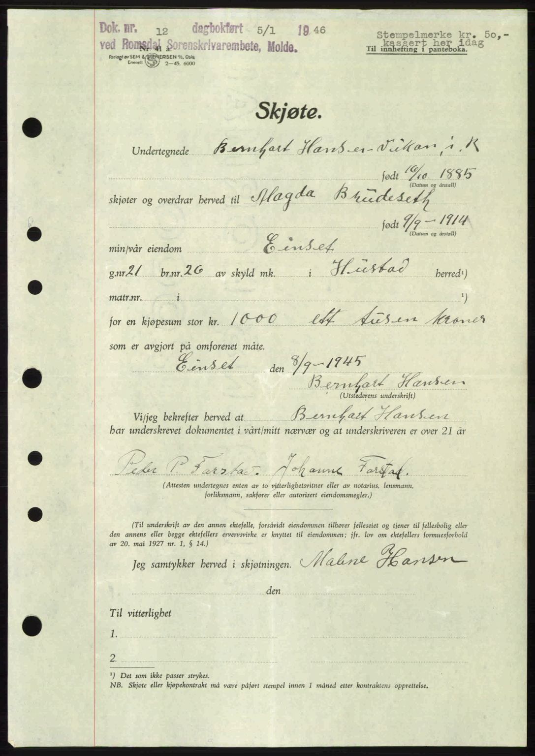 Romsdal sorenskriveri, SAT/A-4149/1/2/2C: Mortgage book no. A19, 1946-1946, Diary no: : 12/1946