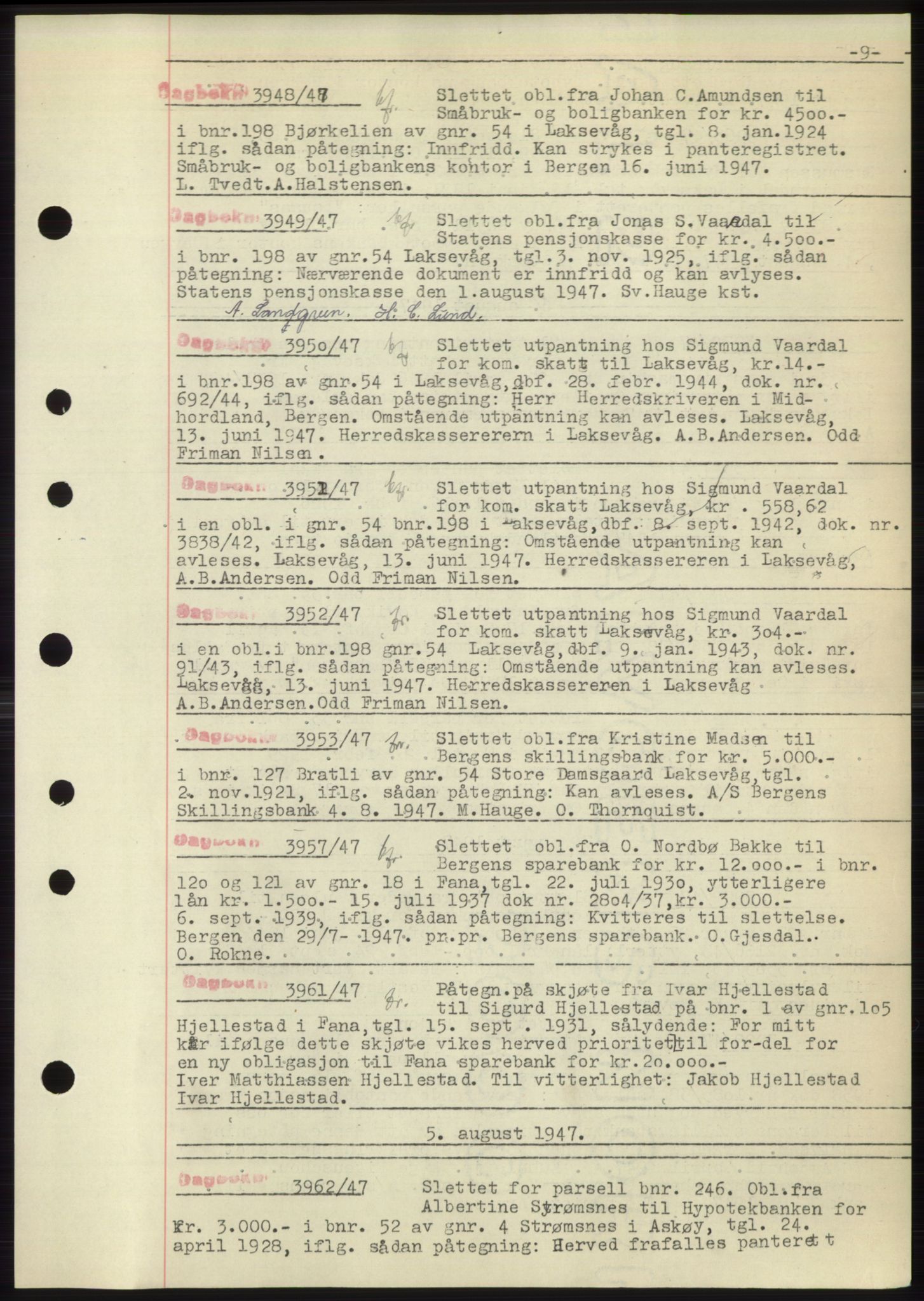 Midhordland sorenskriveri, AV/SAB-A-3001/1/G/Gb/Gbp/L0004: Mortgage book no. C3b, 1946-1949, Diary no: : 3948/1947