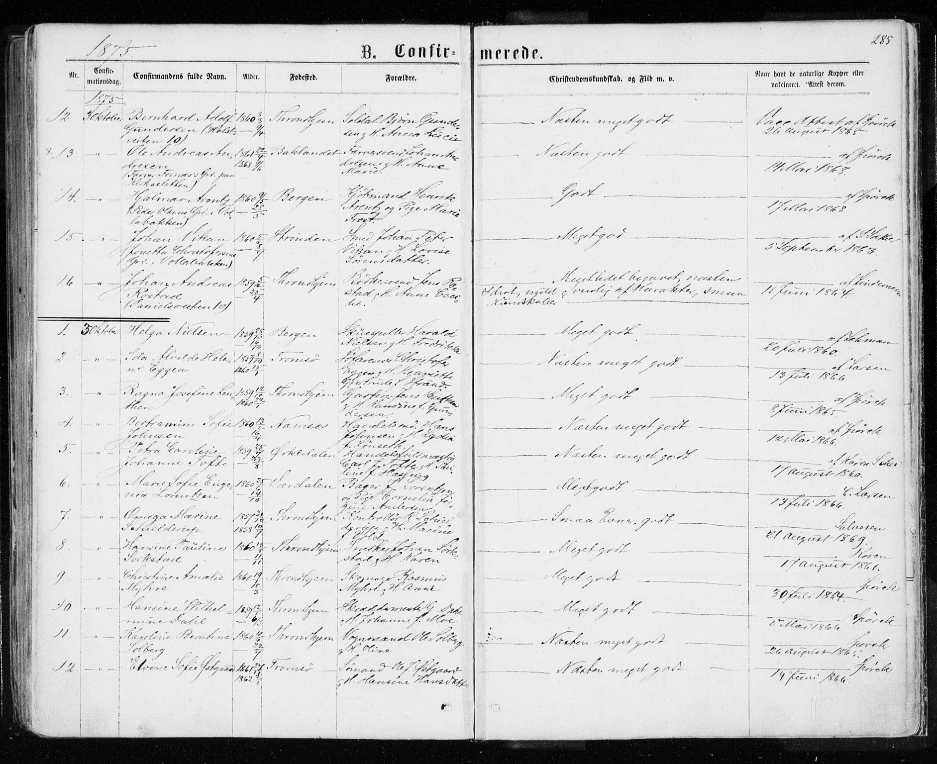Ministerialprotokoller, klokkerbøker og fødselsregistre - Sør-Trøndelag, SAT/A-1456/601/L0054: Parish register (official) no. 601A22, 1866-1877, p. 285