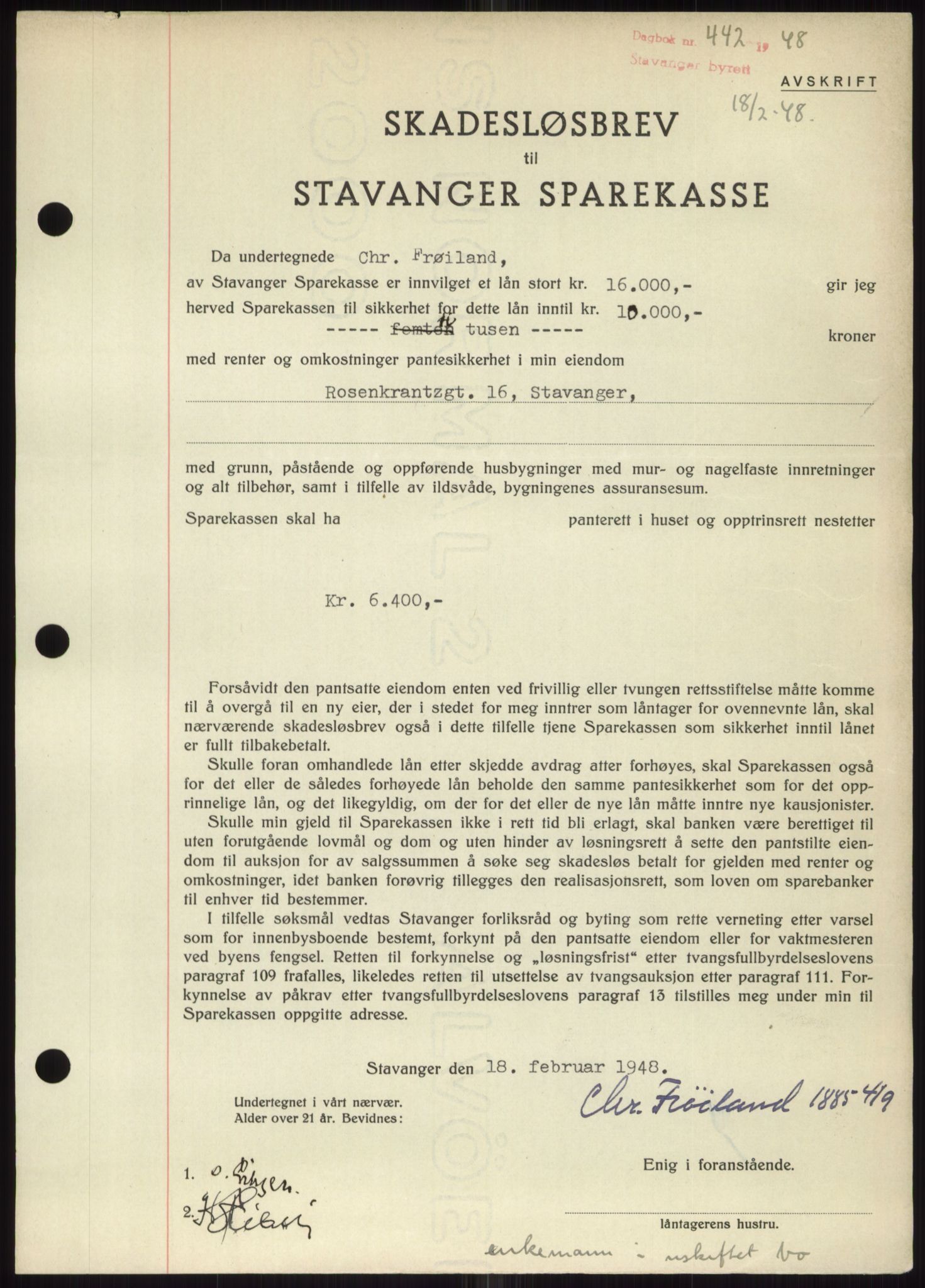 Stavanger byrett, SAST/A-100455/002/G/Gb/L0032: Mortgage book, 1947-1950, Diary no: : 442/1948