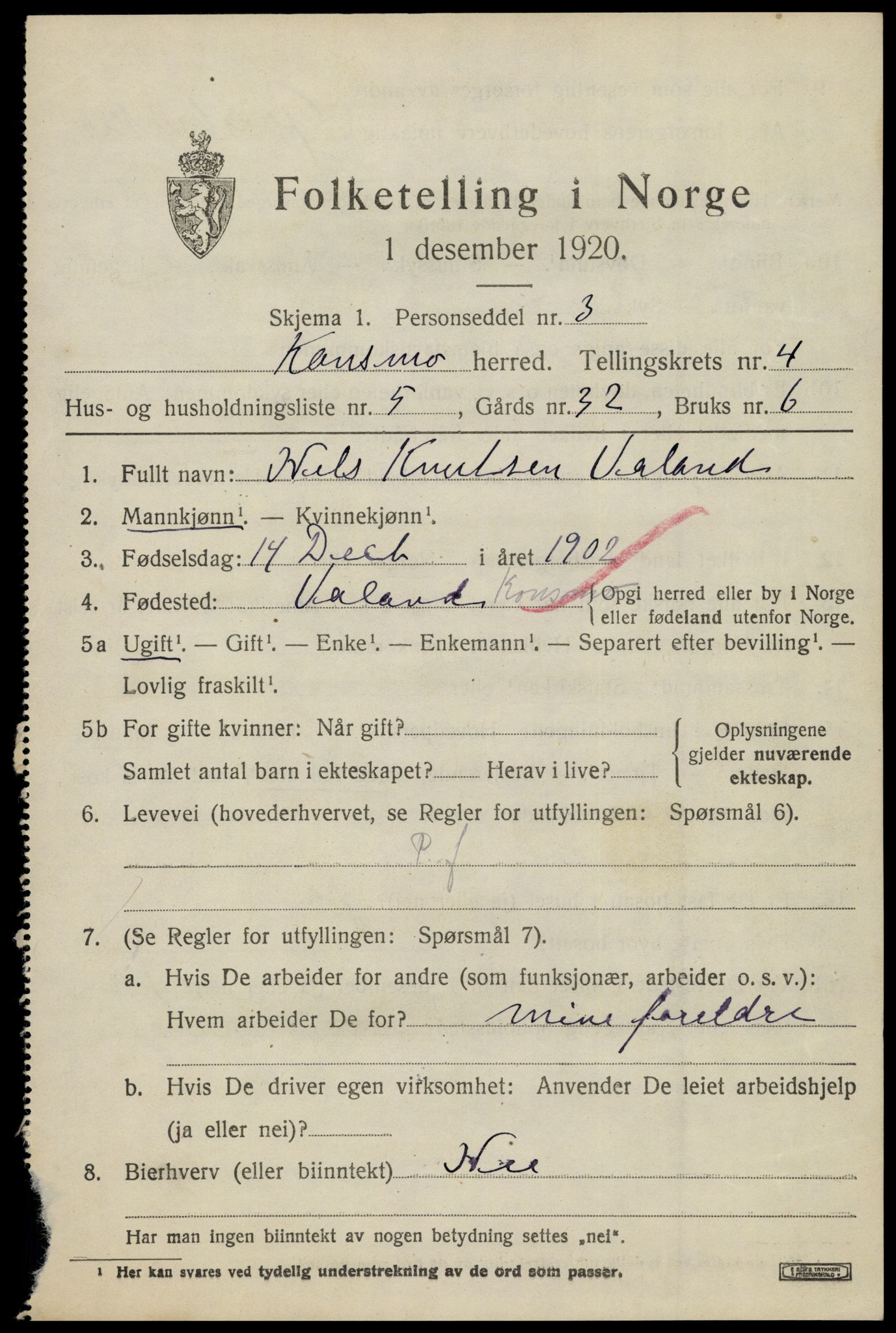 SAK, 1920 census for Konsmo, 1920, p. 1238