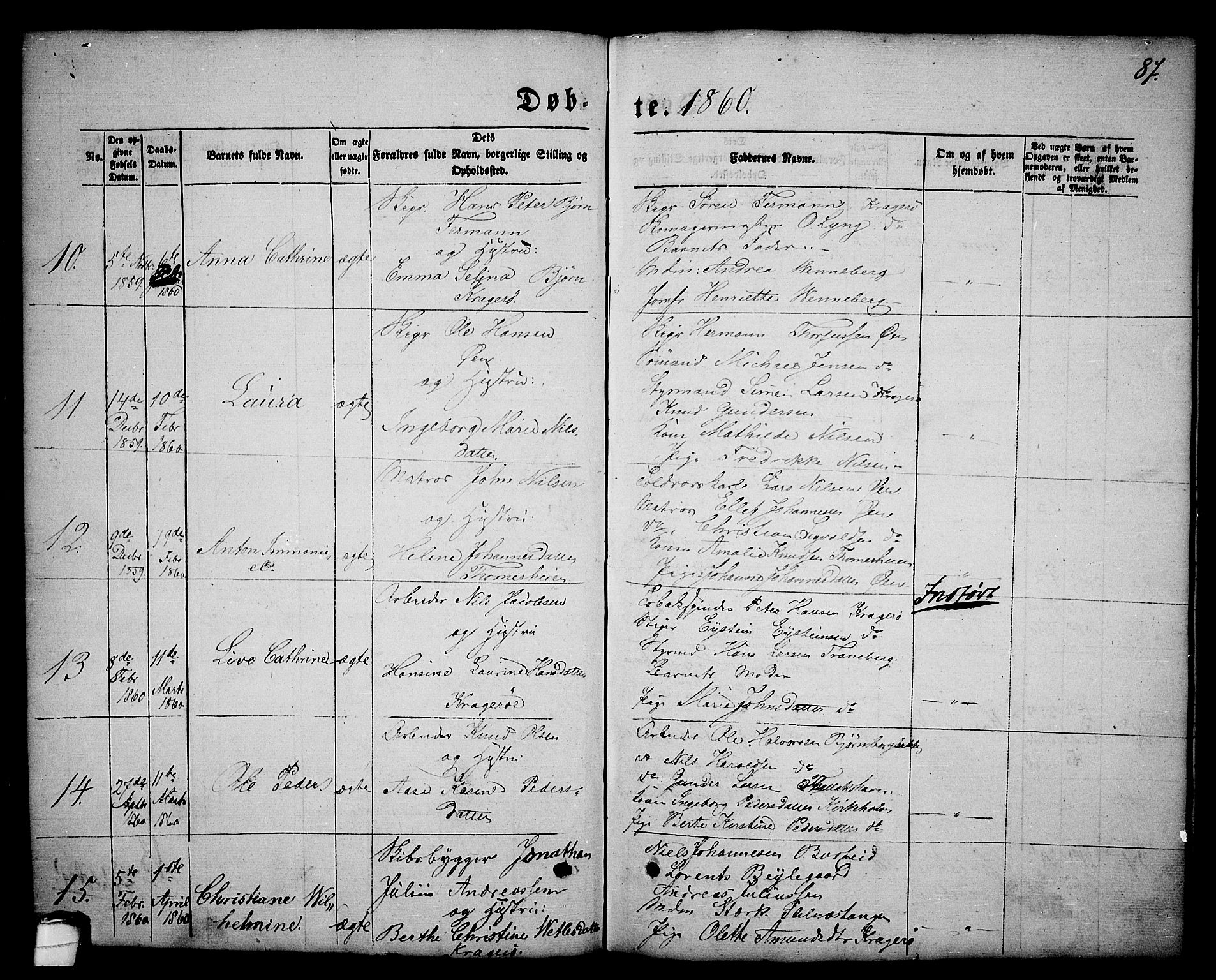 Kragerø kirkebøker, AV/SAKO-A-278/G/Ga/L0004: Parish register (copy) no. 4, 1853-1865, p. 87