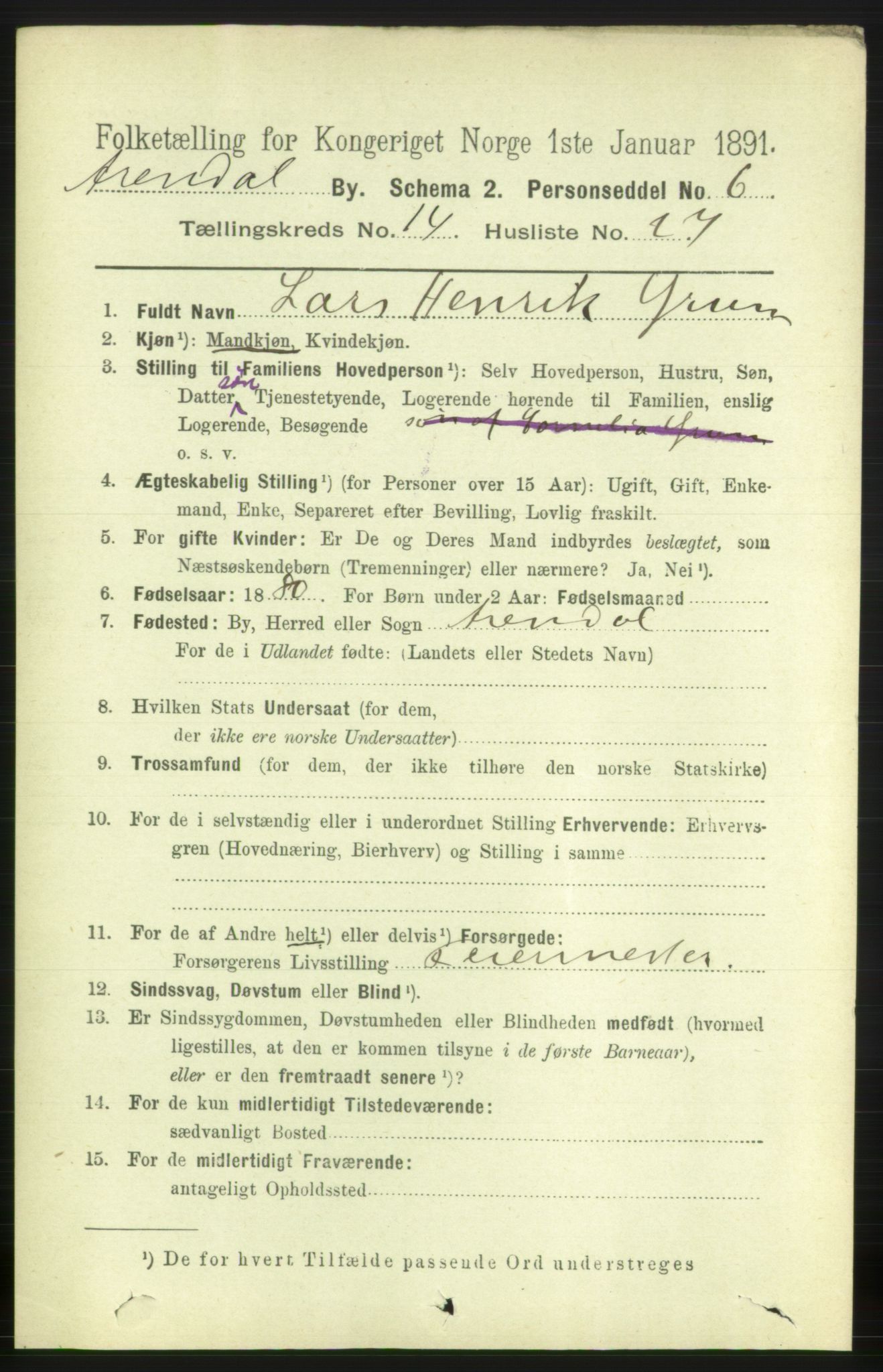 RA, 1891 census for 0903 Arendal, 1891, p. 5022