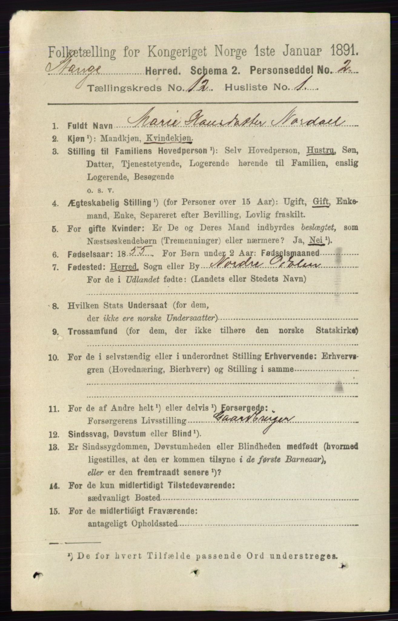 RA, 1891 census for 0417 Stange, 1891, p. 7993