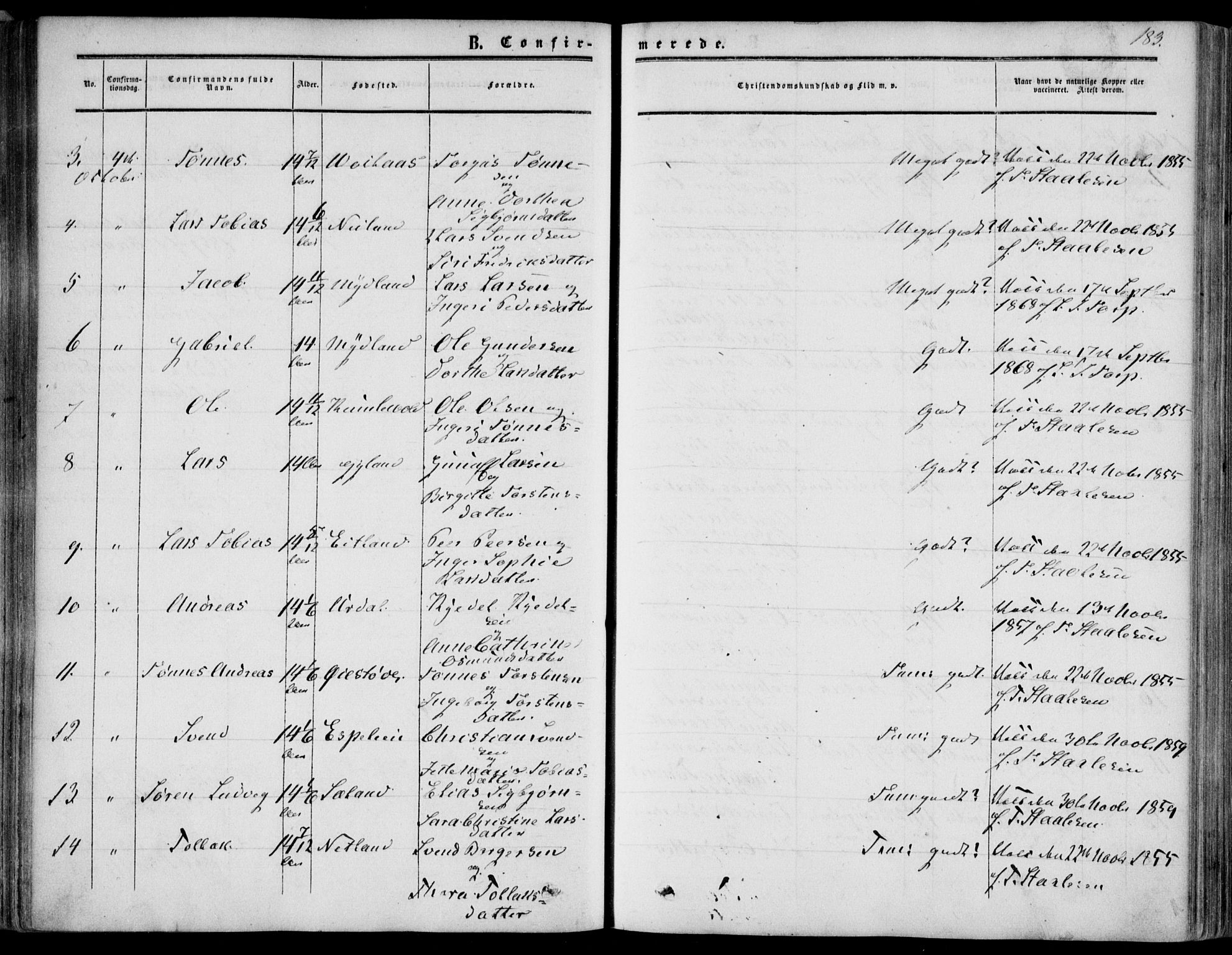 Bakke sokneprestkontor, AV/SAK-1111-0002/F/Fa/Fab/L0002: Parish register (official) no. A 2, 1855-1884, p. 183