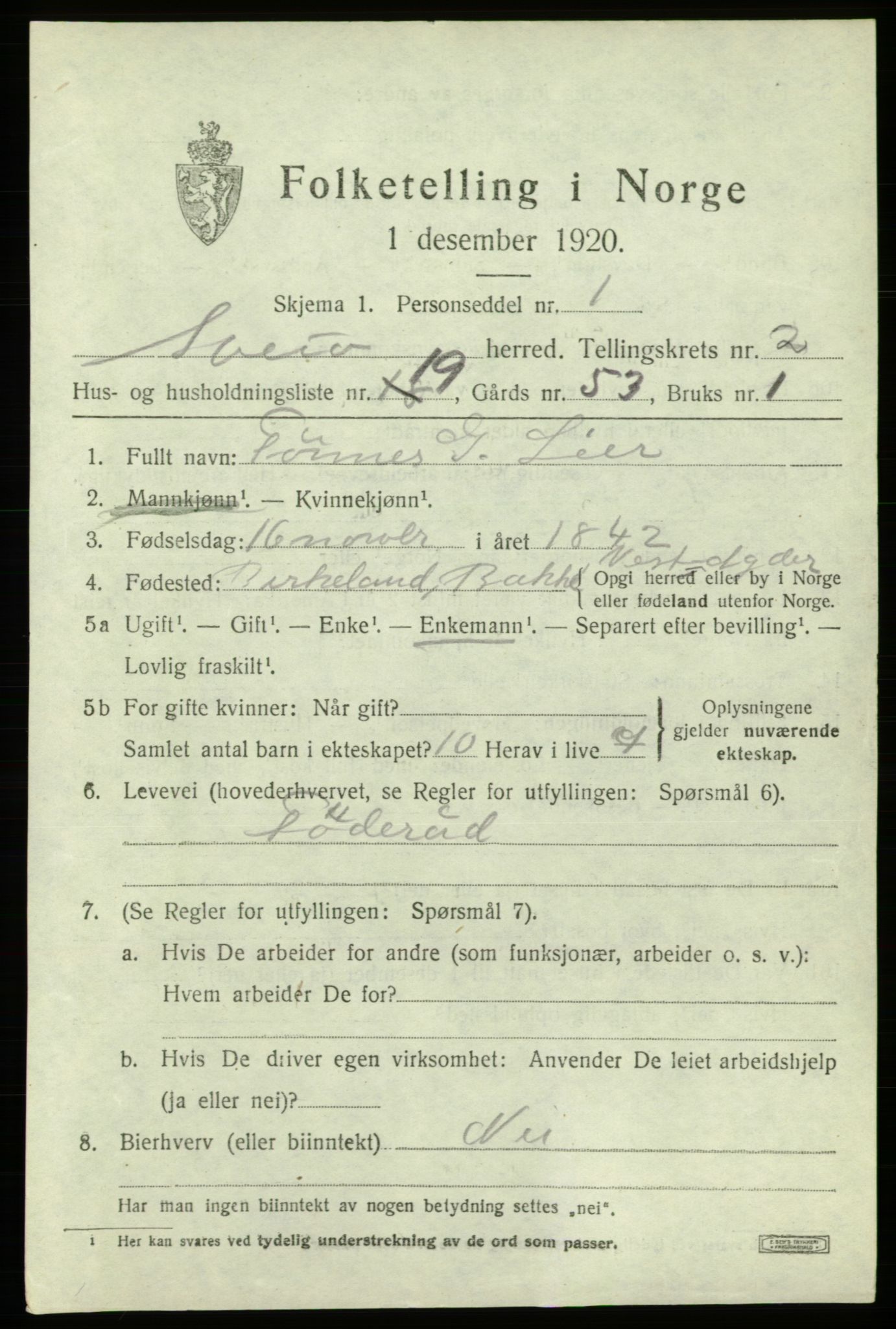 SAB, 1920 census for Sveio, 1920, p. 1504