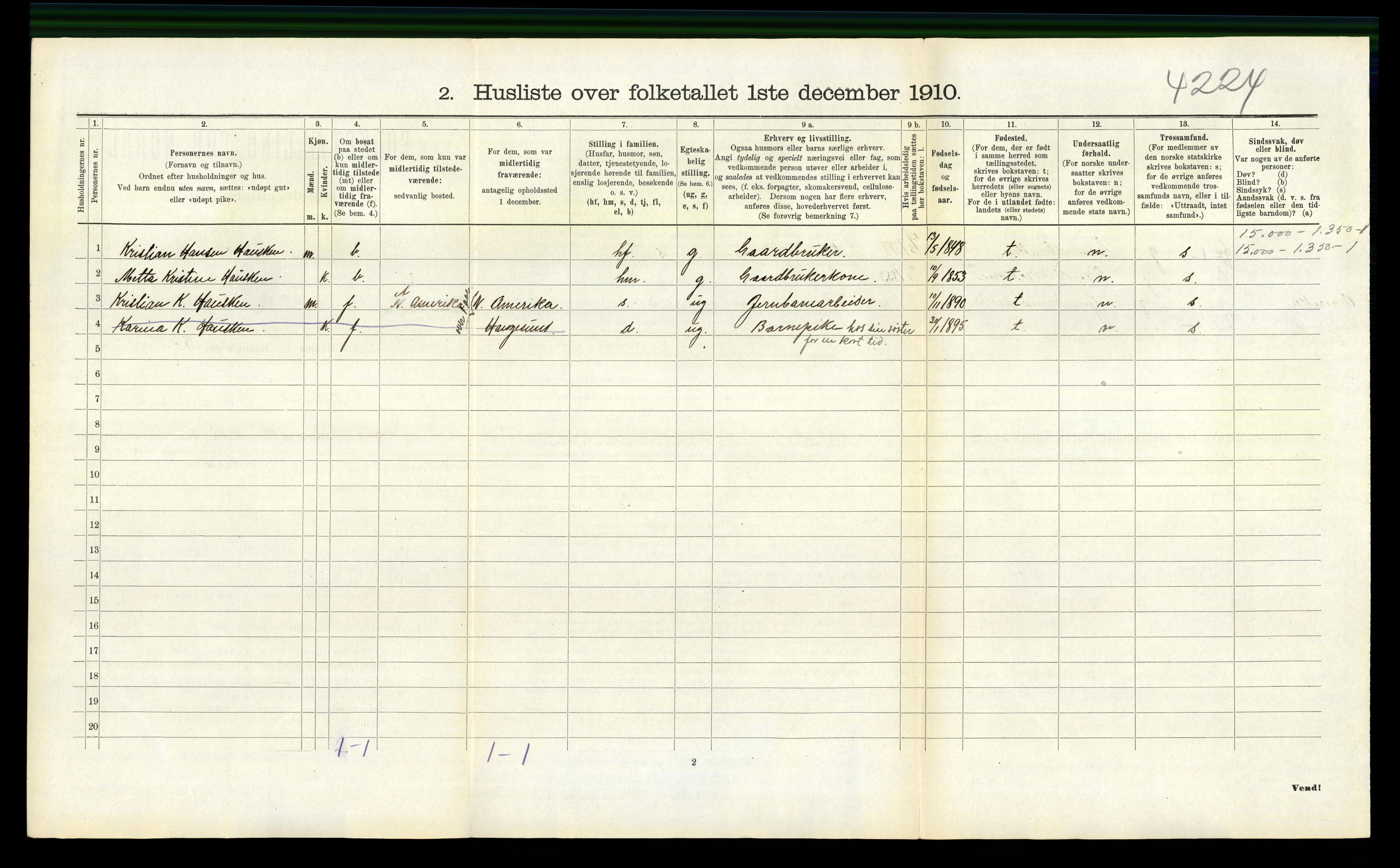 RA, 1910 census for Torvastad, 1910, p. 284