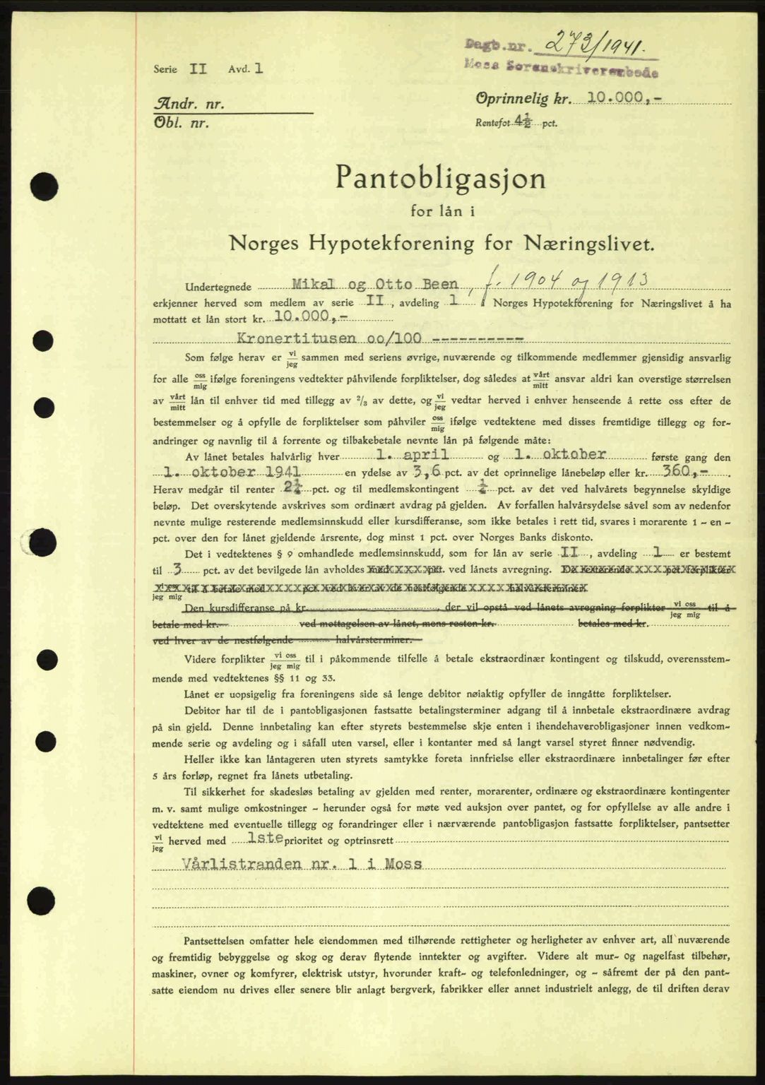 Moss sorenskriveri, SAO/A-10168: Mortgage book no. B10, 1940-1941, Diary no: : 272/1941