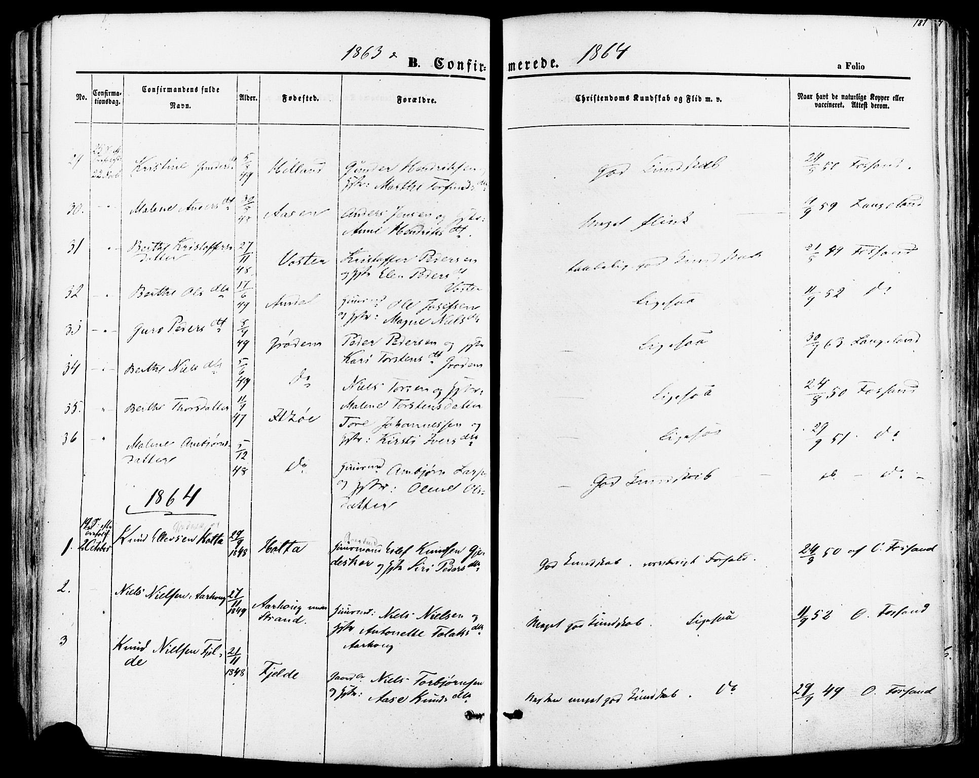 Strand sokneprestkontor, AV/SAST-A-101828/H/Ha/Haa/L0007: Parish register (official) no. A 7, 1855-1881, p. 181