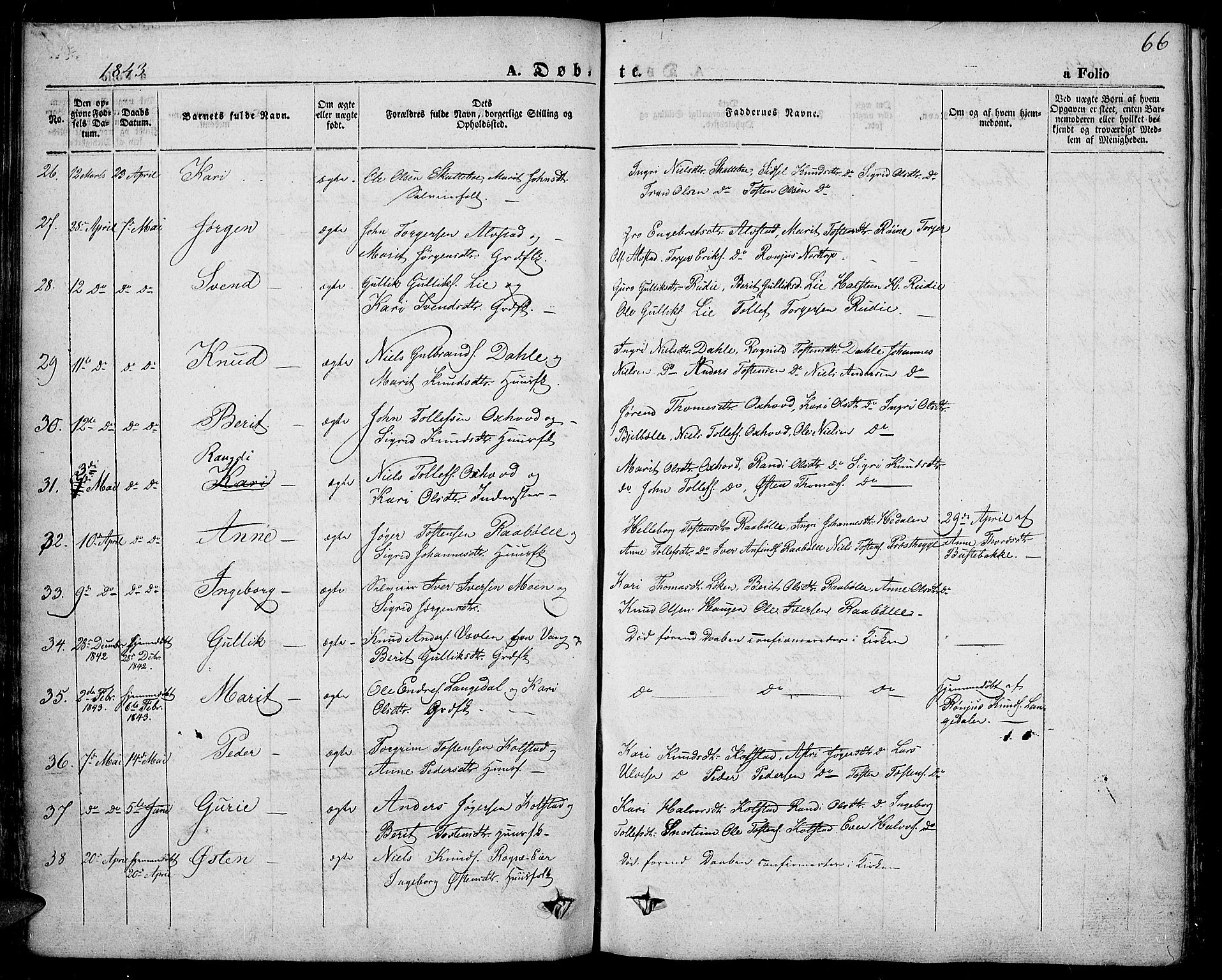 Slidre prestekontor, SAH/PREST-134/H/Ha/Haa/L0004: Parish register (official) no. 4, 1831-1848, p. 66