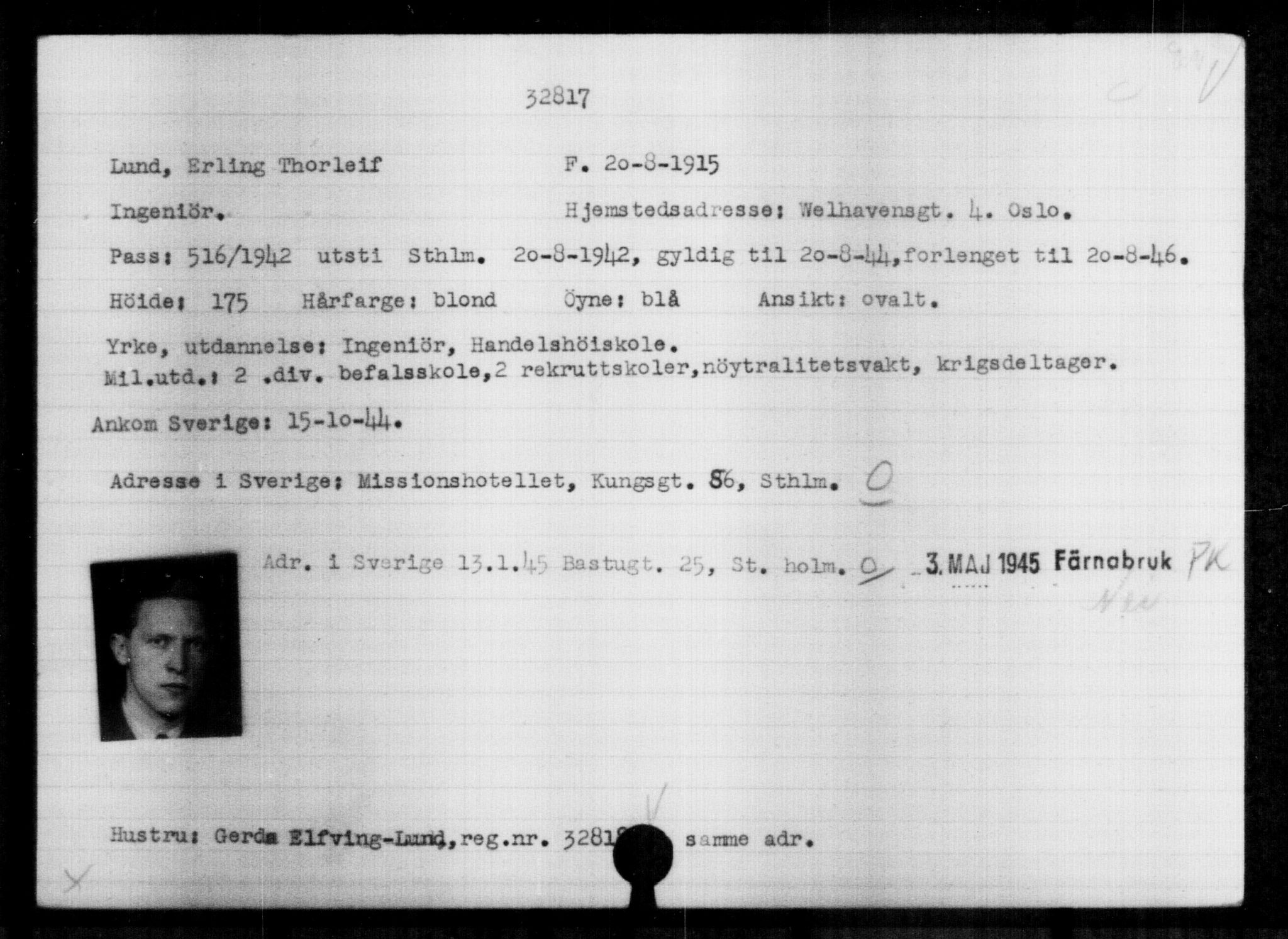 Utenriksstasjonene, Legasjonen i Stockholm, Flyktningkontoret, AV/RA-S-6753/V/Va/L0013: Kjesäterkartoteket, flyktninger med registreringsnr. 31500-34731, 1940-1945, p. 1379