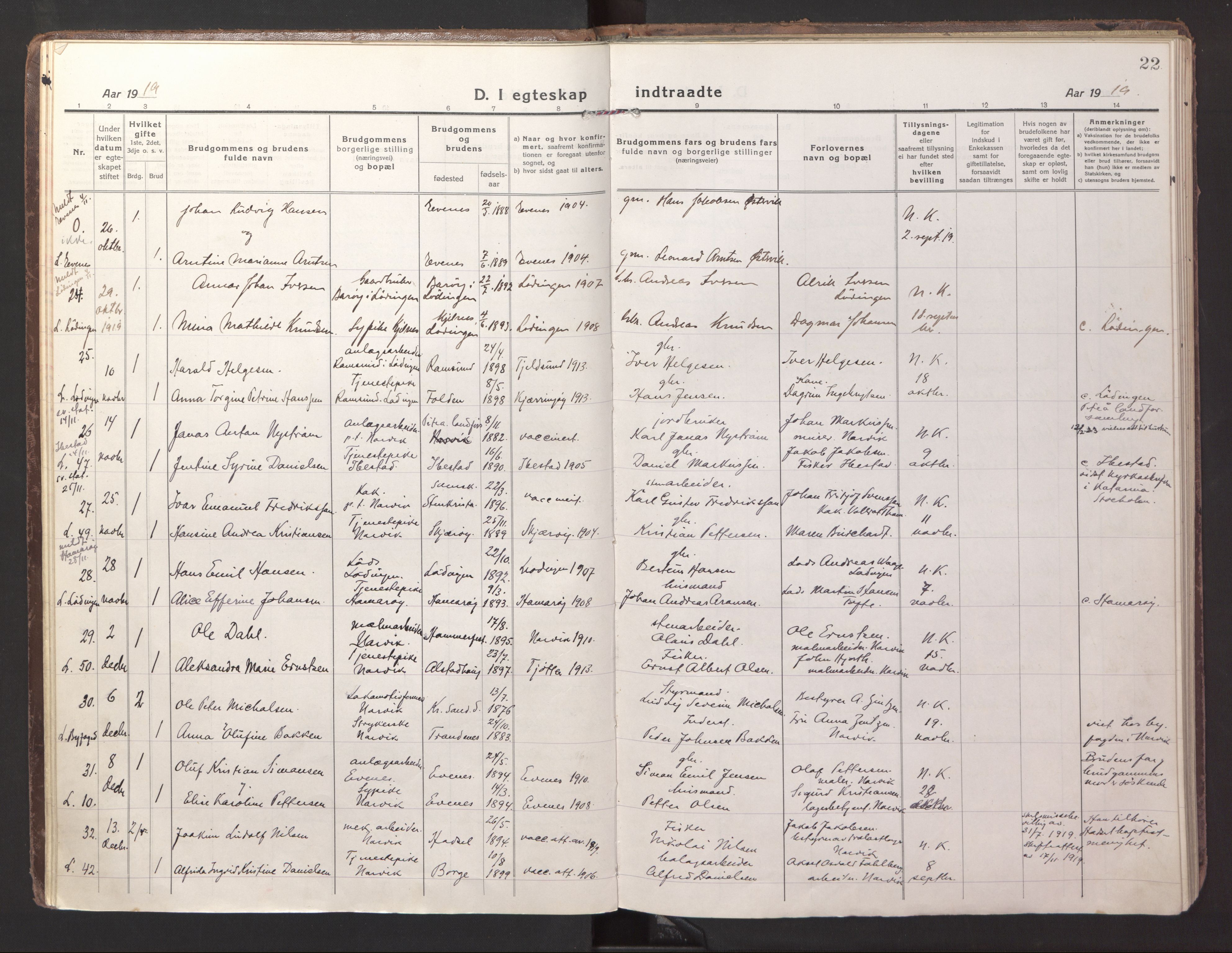 Ministerialprotokoller, klokkerbøker og fødselsregistre - Nordland, AV/SAT-A-1459/871/L1002: Parish register (official) no. 871A18, 1917-1926, p. 22