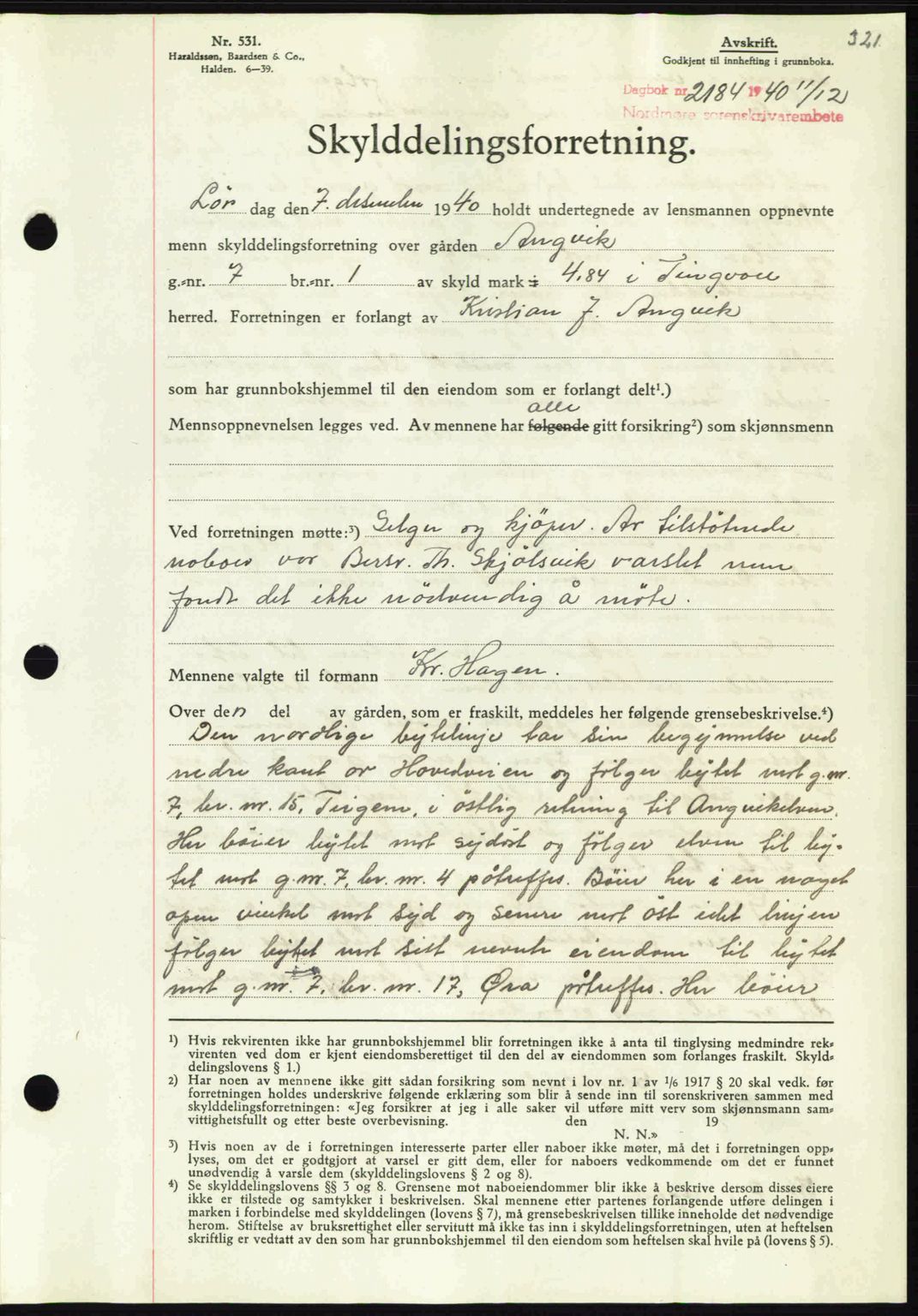 Nordmøre sorenskriveri, SAT/A-4132/1/2/2Ca: Mortgage book no. A89, 1940-1941, Diary no: : 2184/1940